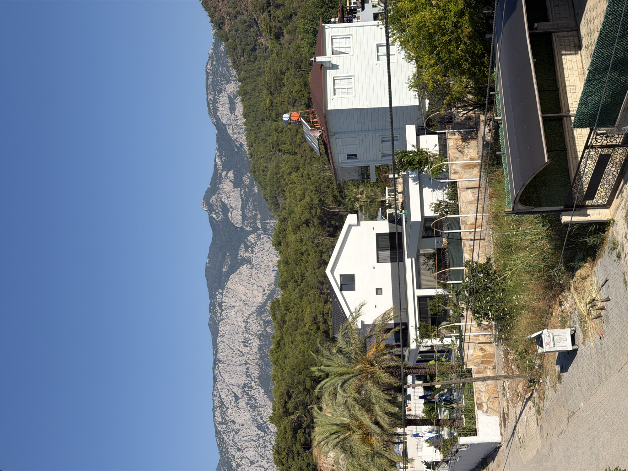 In an outdoor scene, two modern white houses stand against a backdrop of lush green trees and a rugged mountain range under a clear blue sky. The house on the left features a flat roof and large windows, with palm trees in front. The house on the right is a two-story building with a brown roof, solar panels, and a water heater on top. In the foreground, a paved walkway leads past a trash can and some dry foliage. A metal fence with an ornate gate encloses a carport with a dark-colored canopy. The environment appears to be a sunny day in a residential area.