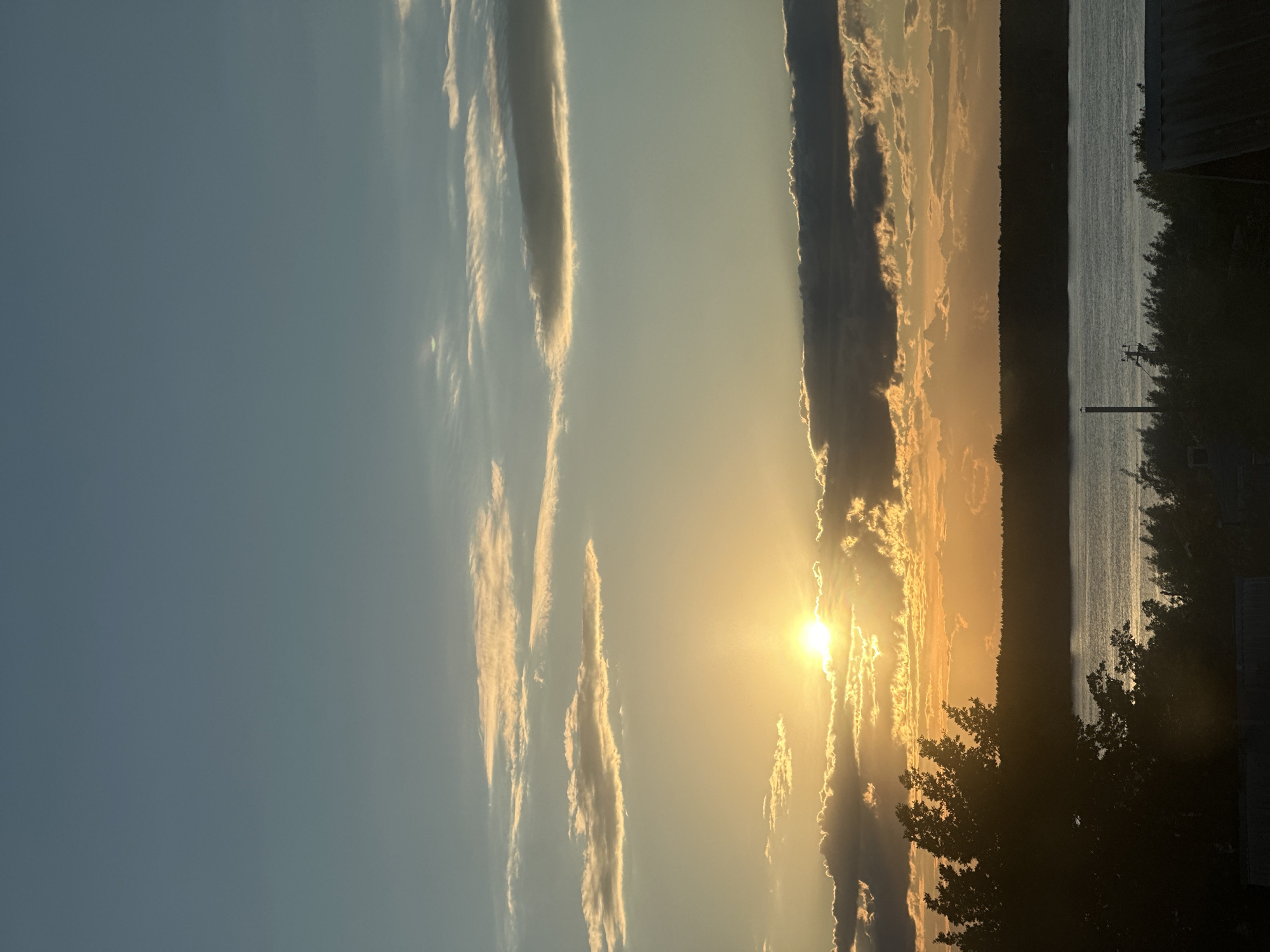 This vertical image depicts a serene sunset or sunrise over a large body of water, likely a lake or wide river, in a natural landscape setting near Chaikovsky, Russia. The sky, occupying the upper two-thirds of the frame, transitions from a clear, pale blue on the left to warm, golden, and orange tones near the horizon on the right. The sun, a brilliant disc of light, is positioned low in the sky on the right, casting a bright glare and illuminating the edges of scattered clouds with warm hues. Several long, streaky clouds are visible, some brightly lit, others appearing as darker silhouettes against the warmer sky.
Below the horizon, a dark, dense band of forested land stretches across the middle of the image, separating the sky from the body of water. The water itself appears calm, reflecting the softer light of the sky and showing subtle ripples. In the immediate foreground on the right, dark silhouettes of trees and foliage are visible, suggesting the viewpoint is from a slightly elevated position or overlooking the shore. A dark, angular structure, possibly part of a building's roof, is present on the far right edge, along with a thin vertical pole.
The scene conveys a peaceful and beautiful natural moment at either dawn or dusk. There are no people or specific activities depicted. No text is visible in the image.