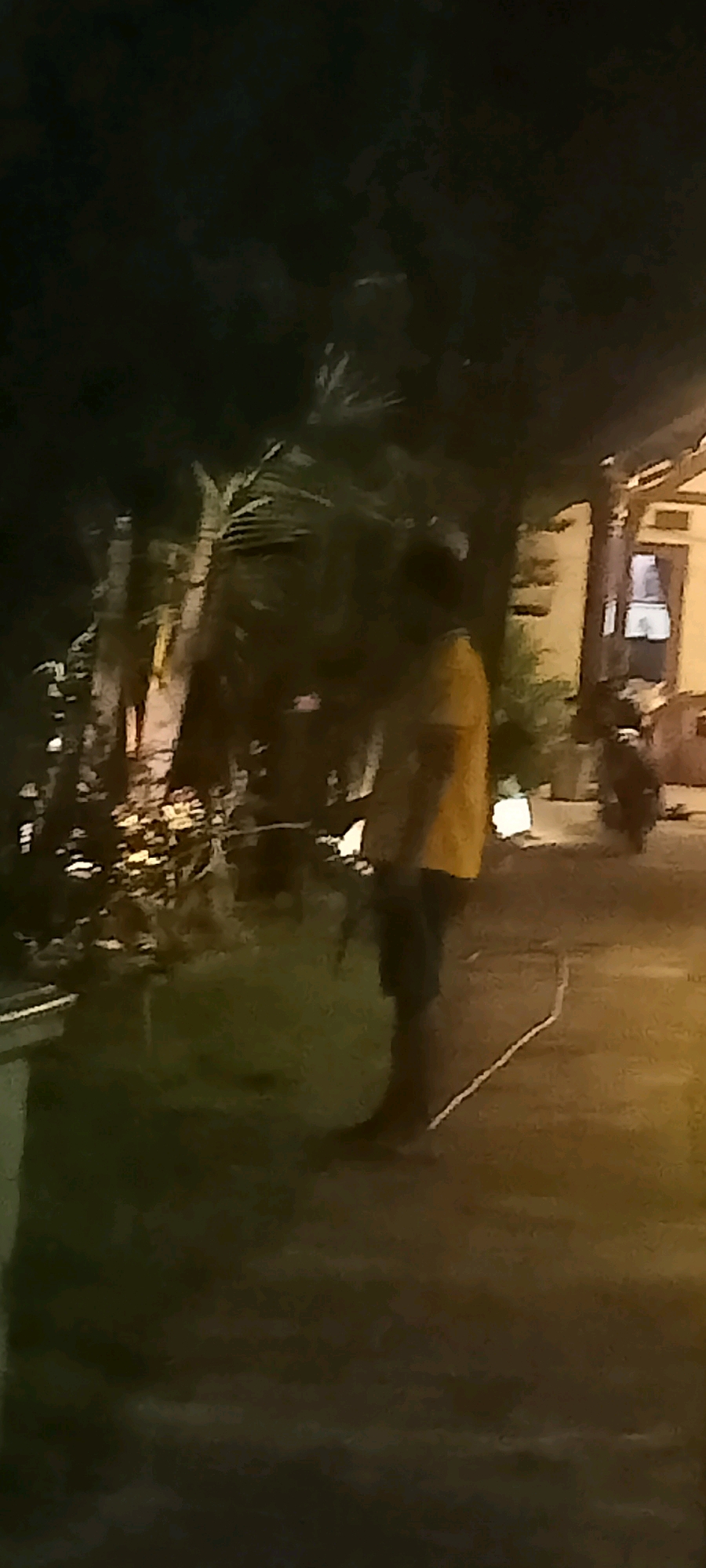 A person wearing a yellow t-shirt and dark shorts stands on a paved surface. Behind them, lush green foliage and palm trees are visible. In the background, part of a building with a light-colored exterior and windows can be seen. The scene appears to be an outdoor area in the city of Gempolklutuk, Indonesia, likely at night given the lighting conditions.