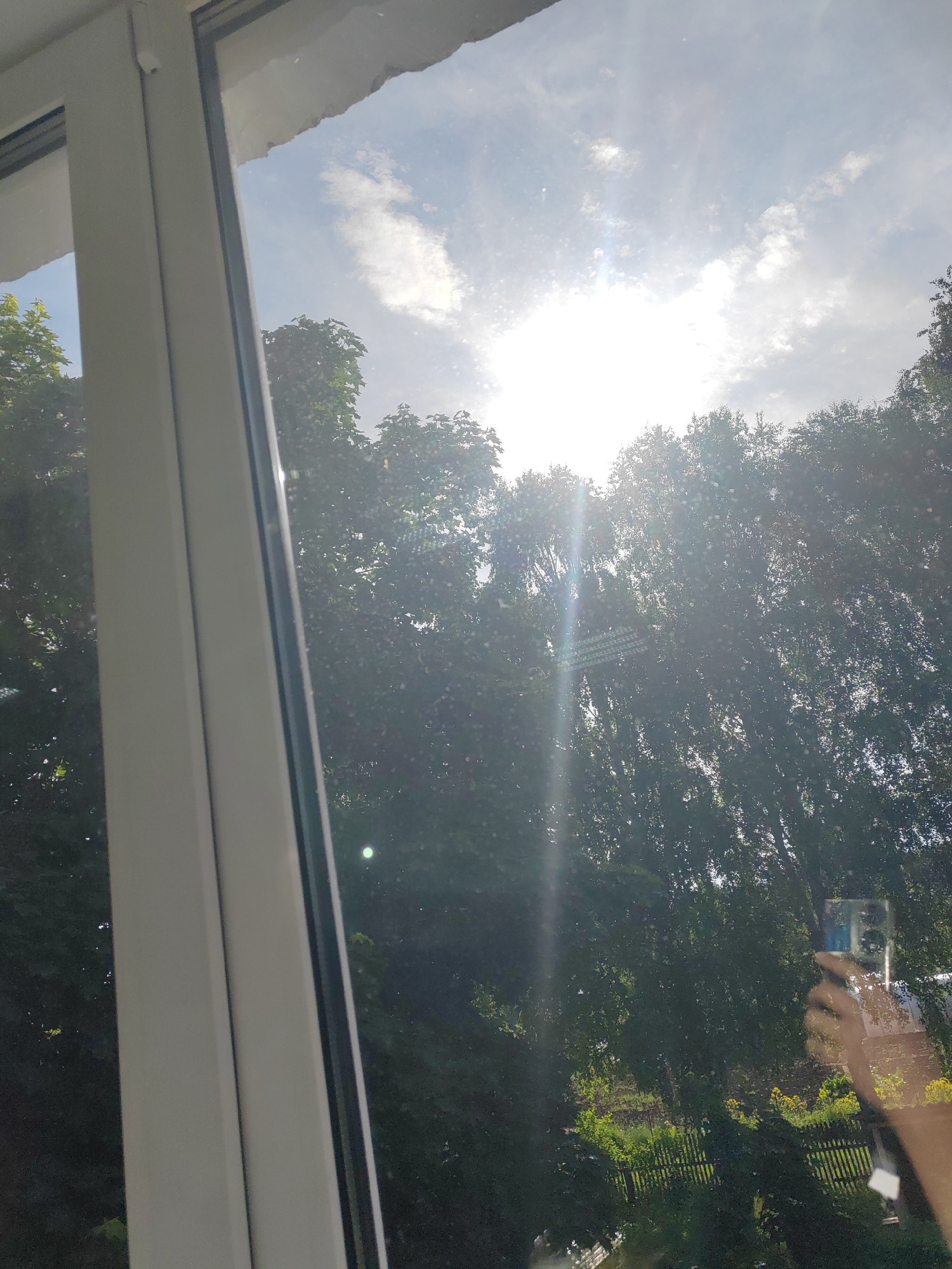 The image presents a bright outdoor scene viewed through a window, with the white frame of the window occupying the left portion of the photograph. The perspective is from indoors, looking out.
Through the window, a clear blue sky with scattered white clouds is visible in the upper section. A very bright sun, positioned in the upper right, creates a strong lens flare and radiant light streaks across the frame, indicating intense sunlight. Below the sky, numerous deciduous trees with dense green foliage fill the majority of the outdoor view. The sunlight penetrates the leaves, creating a dappled effect and illuminating parts of the tree canopy.
In the lower right corner of the window, there is a distinct reflection of a hand holding a smartphone, capturing the moment the photograph was taken. The smartphone's camera array is visible in the reflection. Beyond this reflection and below the trees, a dark, slatted wooden fence can be seen, partially obscured by greenery and some yellow-flowering plants.
The strong and direct sunlight suggests it is midday or early afternoon. The scene depicts a sunny day in what appears to be a garden or a natural, possibly suburban, environment. No discernible text is visible.