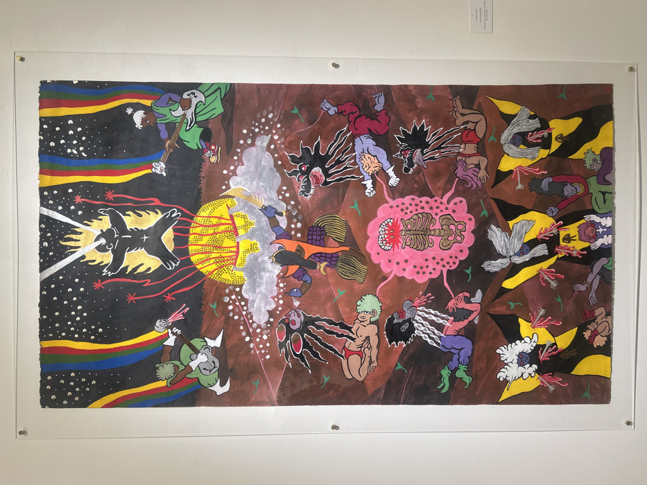 A surreal, framed artwork features a chaotic scene divided into contrasting realms. On the left, a dark cosmos with a radiant, winged creature is opposed by a vibrant, sun-like orb. The right half, set against a brown backdrop, depicts bizarre figures in various states of disarray, including dismembered bodies, floating torsos, and grotesque creatures. Arrows pierce some figures, adding to the overall sense of otherworldly conflict and violence. A pink cloud engulfs a skeletal body.