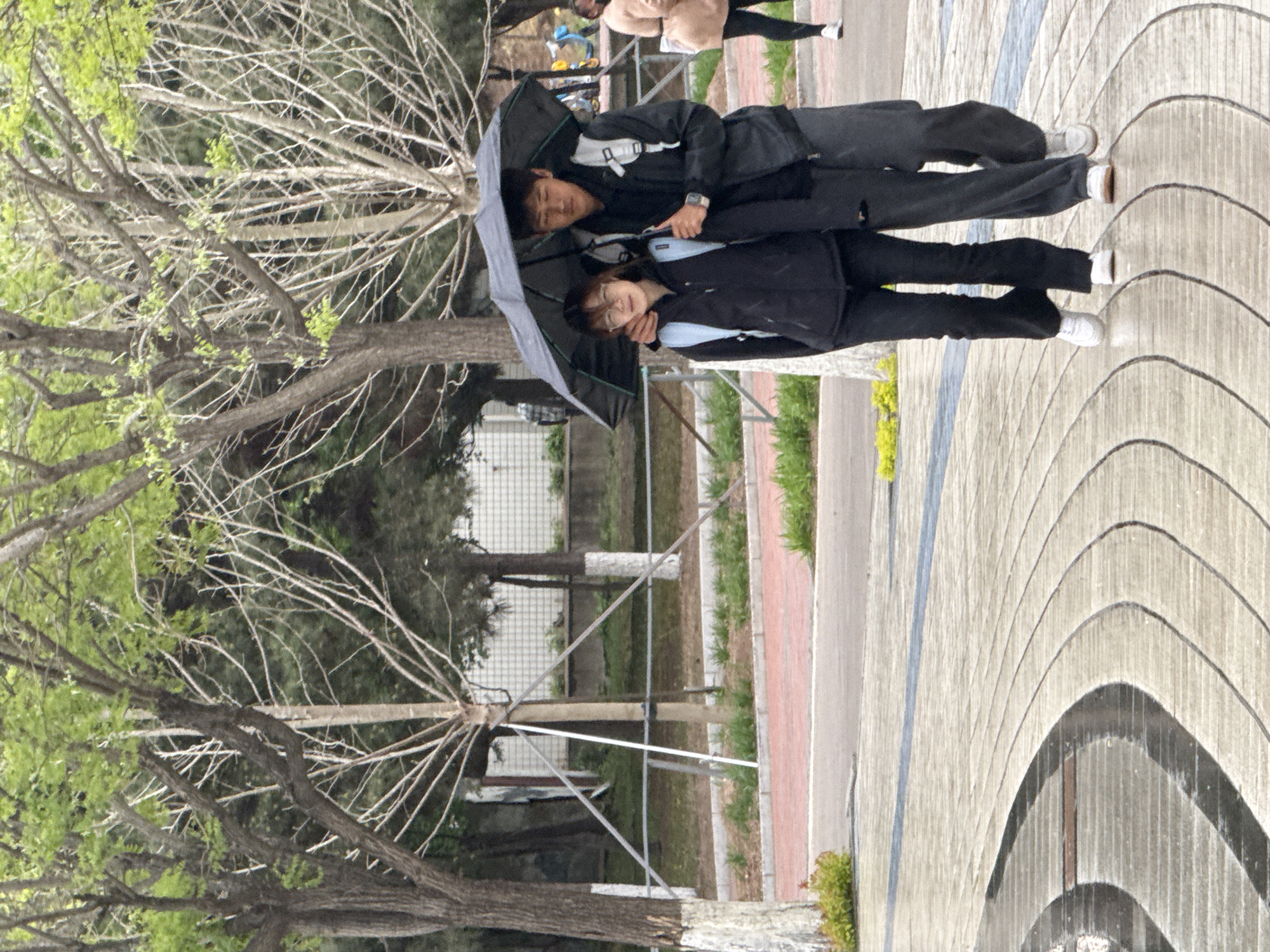 Two people are walking together under an umbrella. The person on the left is wearing a black jacket with a white shoulder strap. The person on the right is wearing a black jacket with a blue undershirt and eyeglasses. They are walking on a concrete walkway next to a red brick path, which is bordered by green foliage. The walkway and path are adjacent to a fenced area with trees. The image was taken in Zhongtun, China.
