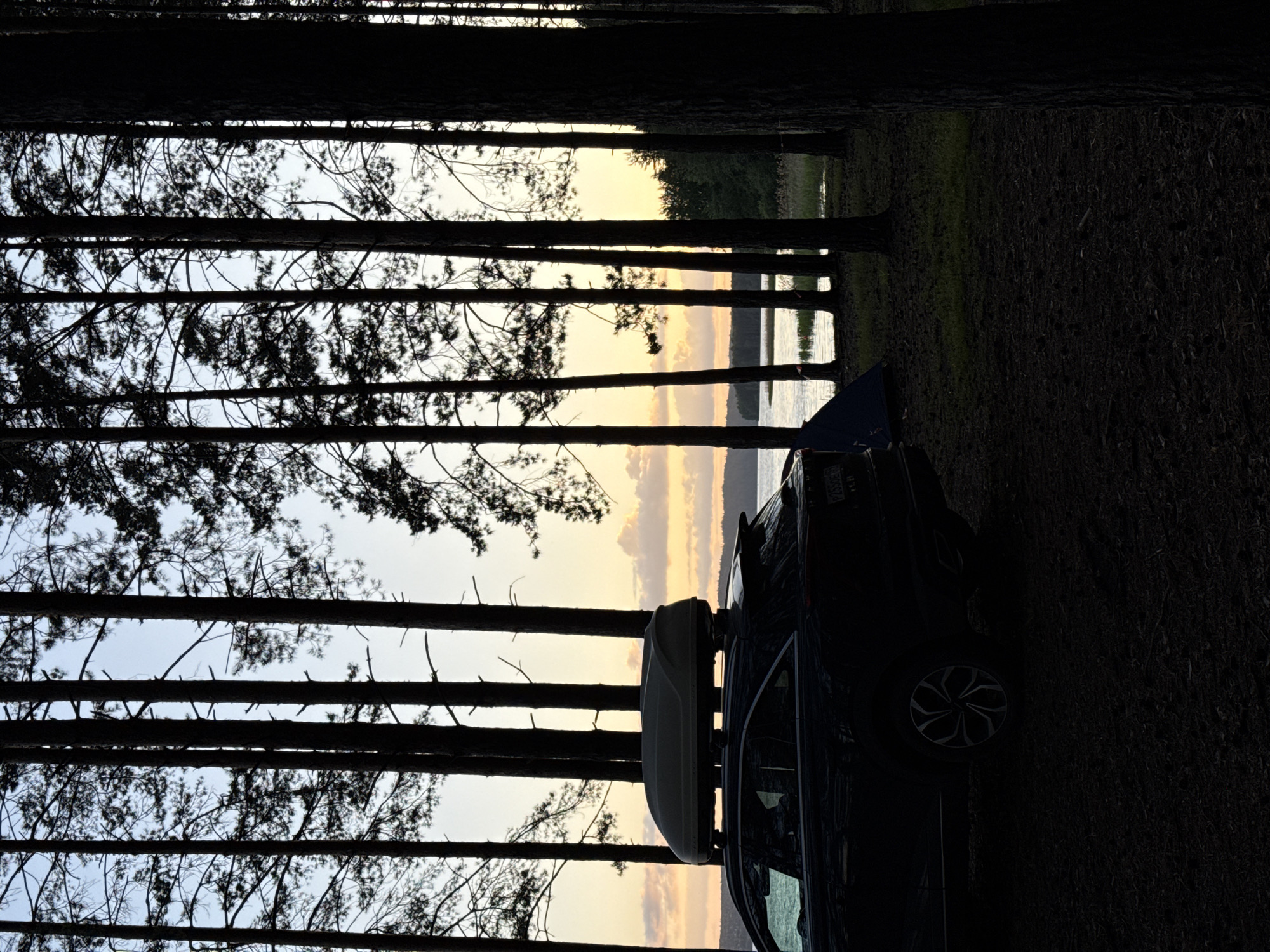 In the city of Gora (Khokhlovskoe S/P), Russia, a dark-colored car with a roof-top cargo carrier is parked on a wooded area near a body of water. The car is silhouetted against a sky with a gradient of colors, ranging from pale blue at the top to a warm orange and yellow near the horizon, indicating it is likely sunset or sunrise. Several tall, thin pine trees with bare branches dominate the foreground and midground, also appearing in silhouette. To the right of the car, a blue tent is pitched. The ground is covered with pine needles and dark soil. In the background, across the water, is a treeline and the faint outline of hills. The overall impression is a quiet, natural setting, possibly a campsite.