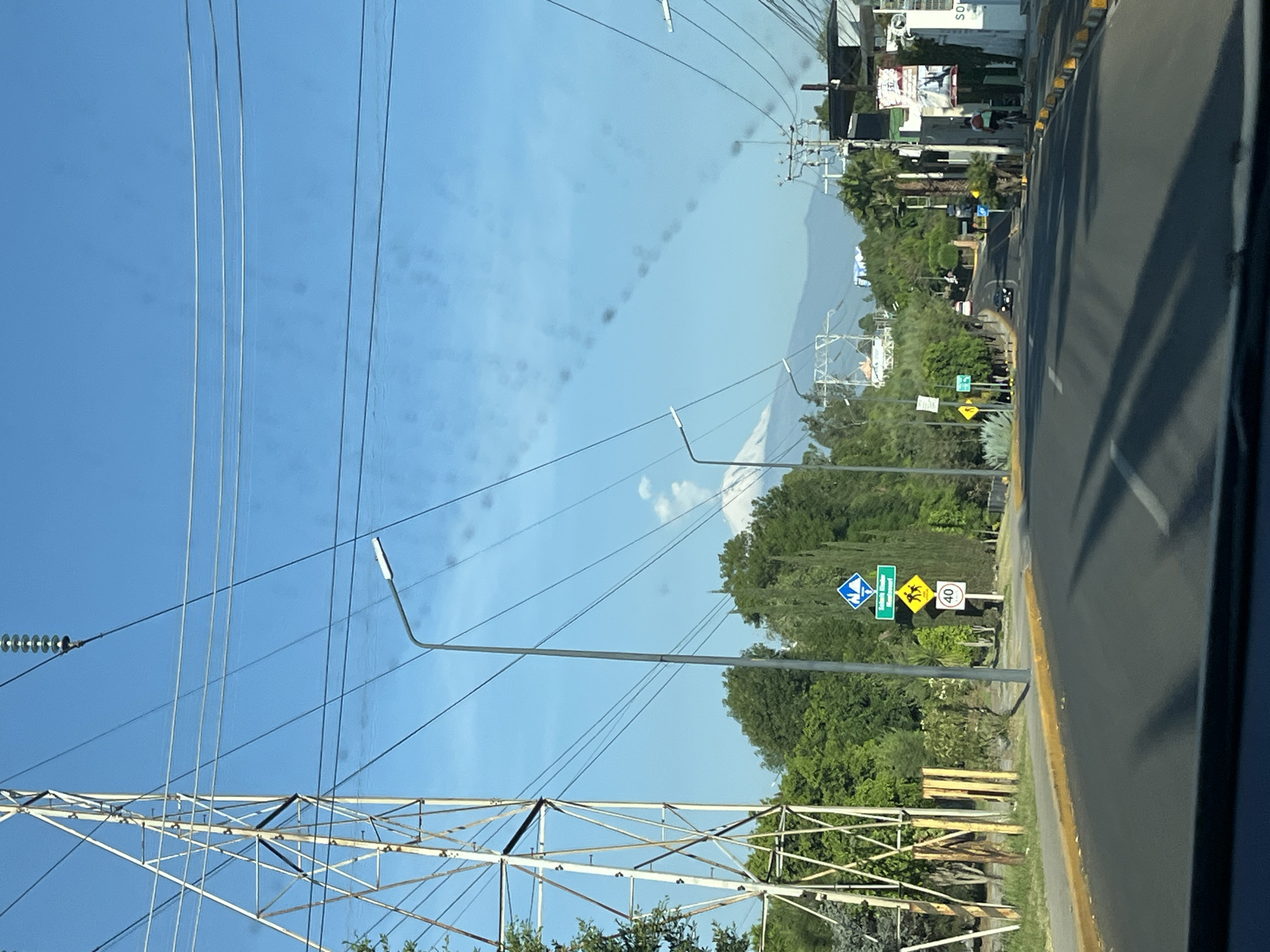 The photograph depicts a street scene in Puebla, Mexico, viewed from inside a vehicle. The image is oriented vertically. A gray asphalt road stretches along the right side of the frame, bordered by a yellow curb. A line of trees and vegetation lines the road, interspersed with street signs indicating pedestrian crossings, speed limits (40), and designated areas. Overhead power lines run across the sky, connected to a white metal power grid tower in the lower left corner. Streetlights extend from metal poles, and buildings and signage are visible in the background. A faint mountain range is visible in the distance under a blue sky with some clouds.