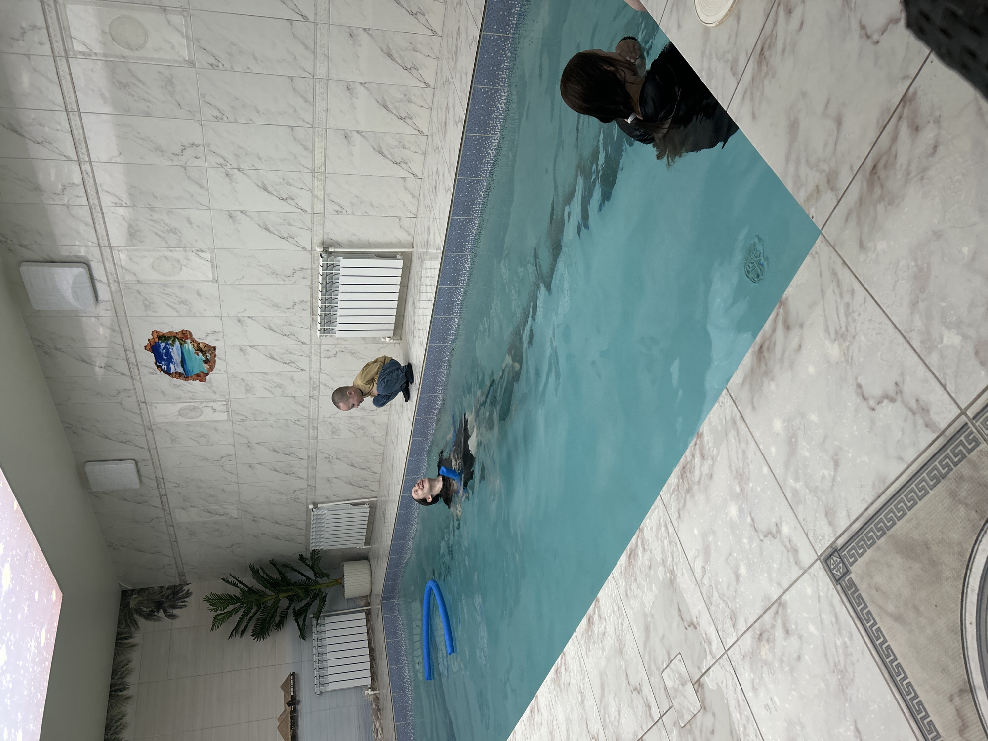The image depicts the interior of what appears to be a private indoor swimming pool area, possibly located in a residence or a private club. The image was taken in a location with tiled floors and pool borders, which can be seen in the top left and bottom right corner of the image. There are at least two people in the pool, one person standing near the side of the pool and a projection on the wall. The room includes elements such as decorative lighting fixtures, radiators, and plants. The image was taken from an awkward tilted angle with a large pool in the center of the image. This image does not provide enough information to determine its location in the city of Chaikovsky, Russia.