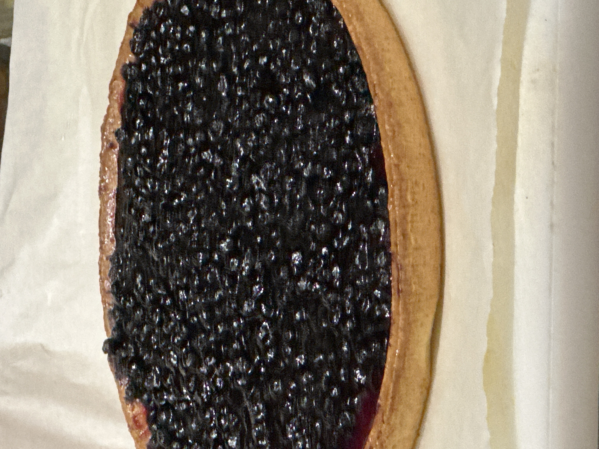 A blueberry tart is presented on parchment paper. The tart consists of a golden-brown crust filled with blueberries. The image does not contain enough details to identify a specific location in Novi Sad, Serbia.