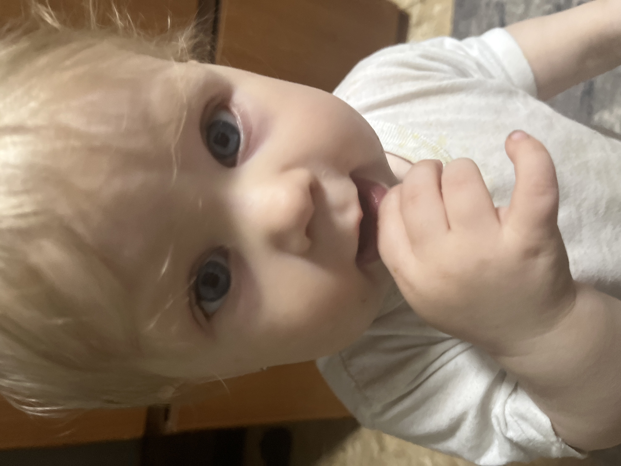 A close-up, medium shot captures a young child with fair hair and blue eyes, facing the camera. The child is wearing a light-colored t-shirt and has a thumb in their mouth. The background is blurred, showing what appears to be a kitchen or dining area with wooden cabinets. The lighting is indoor, and the overall scene suggests a casual, domestic setting. There is no discernible information about the location in the city of Фоки, Russia.