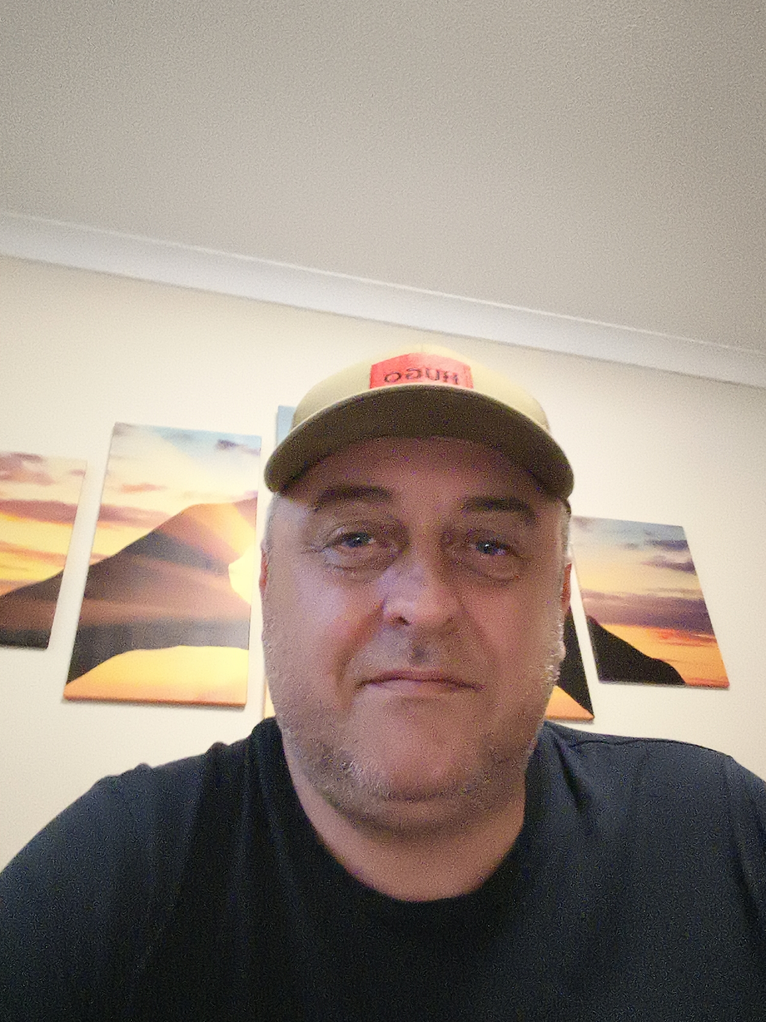 A middle-aged man is depicted in a close-up, head-and-shoulders selfie, looking directly at the camera with a neutral expression. He has short, greying hair and stubble on his chin and cheeks. He is wearing a dark, possibly navy or black, t-shirt and a light beige or khaki baseball cap. The cap features a red logo on the front, which appears as "oɔuH" (Hugo, reversed) due to the image being a selfie.
The man is positioned indoors, against a light-colored wall. On the wall behind him are multiple rectangular canvas prints arranged in a horizontal series, depicting abstract landscapes or mountain ranges with warm hues suggesting a sunrise or sunset. The ceiling, visible above the wall and artworks, is white with a textured finish and features simple crown molding. The lighting is artificial and illuminates the man's face from above. The scene suggests a casual, indoor environment, likely a home, in Huntingdonshire, United Kingdom.