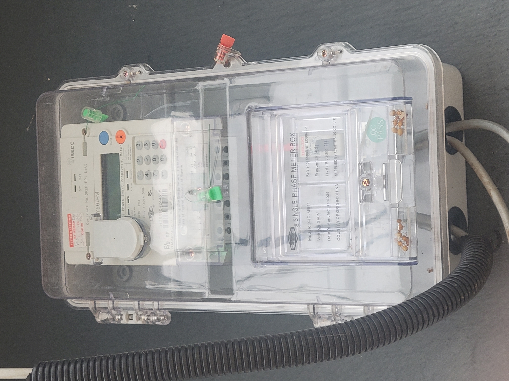 The image shows a close-up, eye-level view of a smart prepayment electricity meter housed in a clear plastic protective box. The meter is white with a digital display and a keypad. Several labels and markings are visible on the meter and its casing, including "IBEDC," "Y566-M," "SMART PREPAYMENT METER," and "SINGLE PHASE METER BOX." The meter appears to be mounted on a gray surface, possibly a wall or pole. A black corrugated conduit snakes around the left side of the meter and connects to a lower compartment. Wires are visible entering and exiting this lower compartment. The scene is outdoors, as suggested by the lighting and the naturalistic gray background. There are no people or animals present in the image. The meter is secured with a red tamper-evident seal on the right side. A green seal is also present on the top right of the meter. There are a few small insects inside the lower compartment of the meter box, near a "QC PASS" sticker.