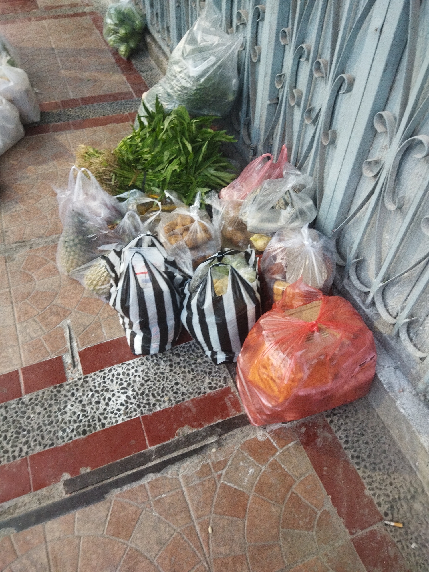 In Banjar, Indonesia, a collection of plastic bags filled with groceries is arranged on a tiled outdoor area. A green fence or gate borders the right side of the image. The bags contain a variety of items, including leafy green vegetables, pineapples, and other produce that appears to be bagged or wrapped. Some of the bags are clear plastic, while others are opaque or colored, such as a bright orange bag in the foreground. The ground is covered with a combination of brown and reddish-brown tiles, interspersed with sections of gravelly textured paving. The scene suggests a market stall or a personal collection of recently purchased goods.