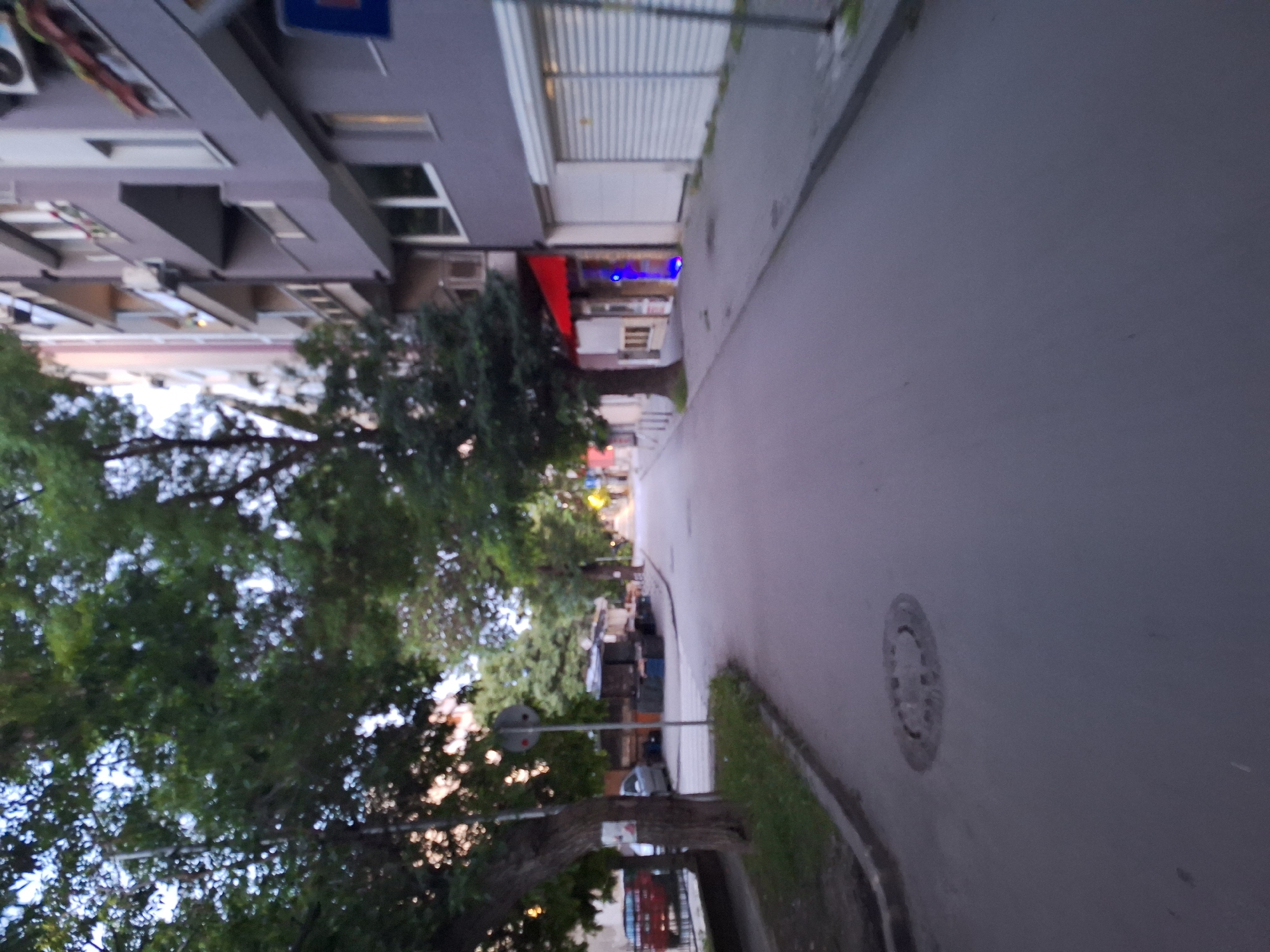 The image shows a street scene in Varna, Bulgaria, likely in a residential or commercial area, possibly at dusk or in the early morning. The perspective is from street level, looking down a paved road bordered by trees and multi-story buildings.
On the left side of the road, there are several mature trees with green foliage, casting shadows on the pavement. A red car and a silver car are parked near the sidewalk. Further down the street, there appears to be a small kiosk or stall with dark coverings and some crates or boxes. A traffic signpost with a round, grey sign is visible near the kiosk.
On the right side of the road, there are several apartment buildings with balconies and windows. Some of the buildings have light-colored facades, while one is painted a light purple or grey. At street level, there are storefronts, one with a red awning and blue neon lighting emanating from a doorway. A closed metal roll-up door is also visible on this side.
The road surface is asphalt, and a manhole cover is present in the foreground. The lighting suggests a low-light condition, with some artificial lights from the buildings starting to become noticeable. The overall impression is a quiet urban street, devoid of people and significant activity.