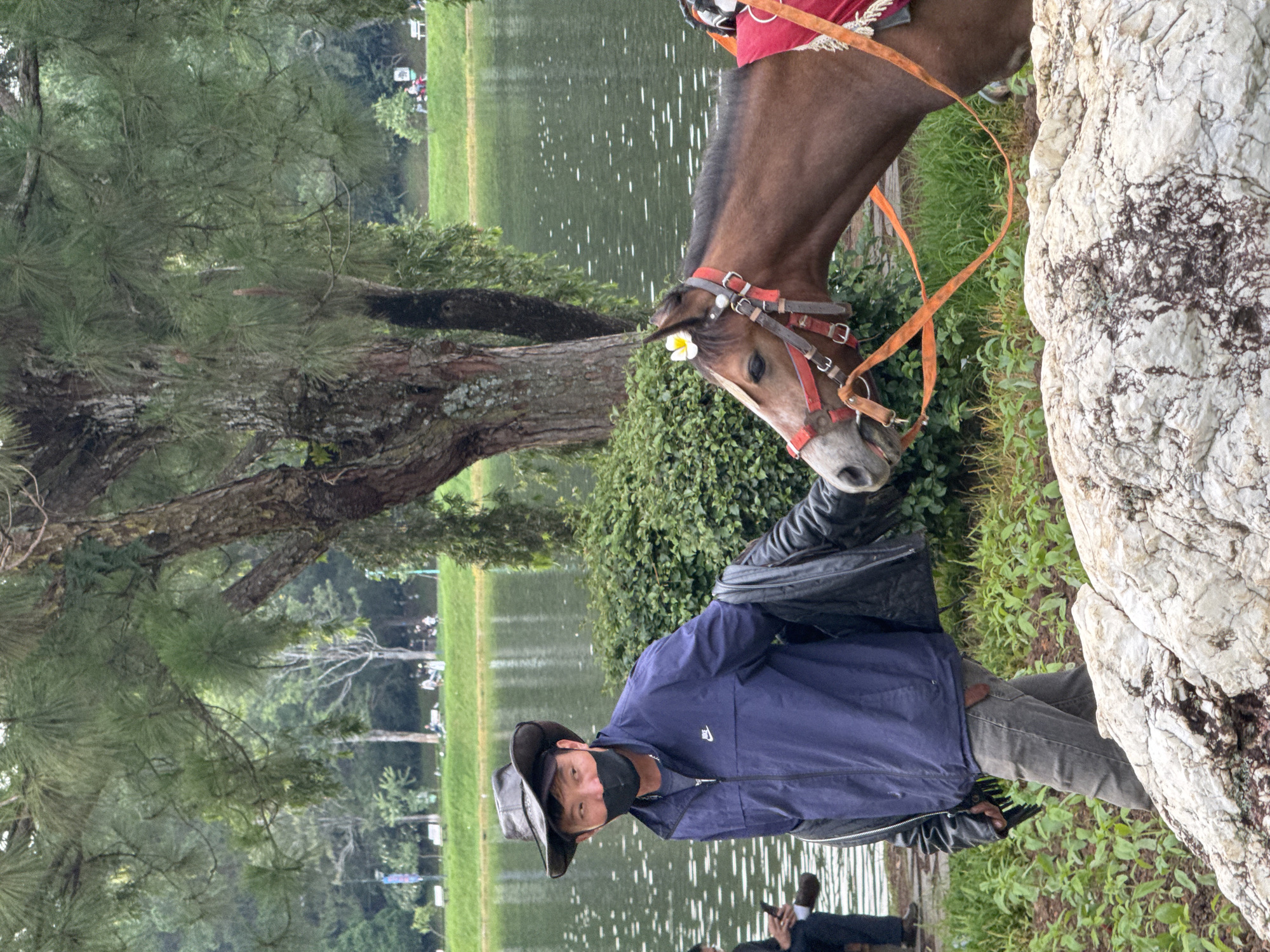 The image depicts a man wearing a cowboy hat and a black mask, standing next to a brown horse. He is dressed in a blue jacket and gray pants, and he is holding a black jacket in his left arm. The horse is adorned with a red saddle pad and a white flower behind its ear. They are positioned near a large rock and a body of water, with lush green trees and foliage in the background. In the distance, there are people sitting on benches and walking by the water, indicating a park or recreational area. The overall setting suggests a scenic location, possibly Xuan Huong Lake in Da Lat, Vietnam, known for its natural beauty and recreational activities.