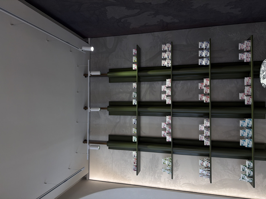 This image depicts the interior of a retail space, specifically a section of the Noyan Tapan - The Taste of Armenia store located at Abovyan St 14, Yerevan 0001, Armenia.
The scene focuses on a floor-to-ceiling shelving unit against a textured wall. The shelving unit consists of five dark green, flat, vertical support structures, each resembling a stylized tree trunk, extending from top to bottom. Five thin, dark gray horizontal shelves are evenly spaced across these vertical supports, forming a grid-like display.
Each shelf holds multiple small, uniformly-sized square or rectangular packaged items. These items are typically stacked in groups of two or three. Various two- or three-letter codes are visible on the packaging, such as "DG," "VS," "FENT," "SIS," "CQ10," "LV," "BR," and "MDS," indicating different product varieties. The packages display diverse color schemes, including combinations of white, pink, green, blue, and black.
The wall to the left of the shelving unit is a lighter gray with a subtle, illuminated pattern resembling tree branches. An arched, light-colored architectural element is visible on the far left. The wall to the right of the shelving unit is a darker gray, also featuring a more prominent, darker pattern of tree branches and foliage.
The ceiling is a plain white or off-white. Several white track lighting fixtures are mounted to the ceiling, running parallel to the wall. These tracks feature multiple cylindrical white spotlights directed downwards onto the shelves and walls, providing illumination. Additional recessed track lighting is visible along the ceiling's edges. No people are present, and no actions or interactions are occurring within the frame.