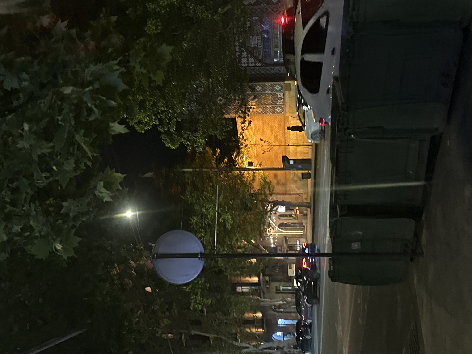 The image shows a street scene at night, possibly in Yerevan, Armenia. A white car and several green garbage containers are visible on the right side of the frame. A street lamp and a traffic sign can be seen on the left, surrounded by trees. In the background, there are illuminated buildings and a street with other vehicles. A person is standing near a building with decorative brickwork.