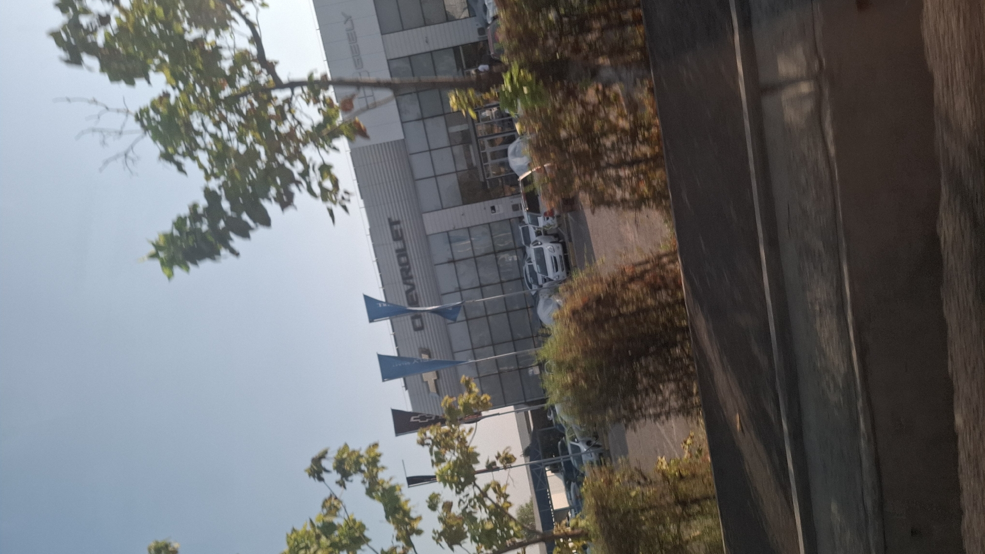 The image shows a Chevrolet dealership in Shymkent, Kazakhstan. The dealership is a modern building with large glass windows and a gray facade. The Chevrolet logo is visible above the entrance. Several cars are parked in front of the dealership, and flags are flying from poles. The scene appears to be a sunny day, and the trees in the foreground suggest an outdoor setting. The overall impression is of a commercial establishment in an urban environment.