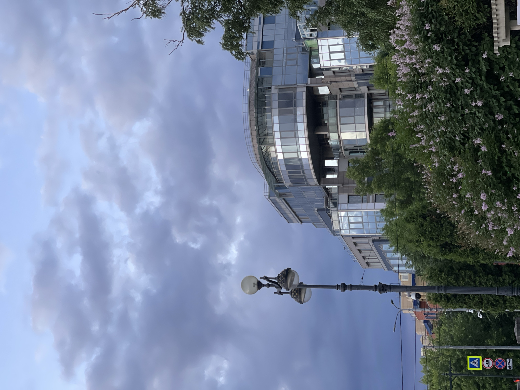 A contemporary, multi-story building with a curved, glass-paneled facade stands behind a row of lush green trees. The sky above is overcast with a mix of dark gray and lighter blue clouds. In the foreground, to the left of the building, is an ornate black lamppost with three globe-shaped lights, two of which are lit. Adjacent to the lamppost, a yellow pedestrian crossing sign is visible, along with other traffic signs. The building's architecture features several protruding sections with balconies and large windows reflecting the sky. The trees in front of the building are dense and varied in height, with some flowering bushes displaying pale pink blossoms at their base. The overall scene suggests an urban environment during twilight or a cloudy day.