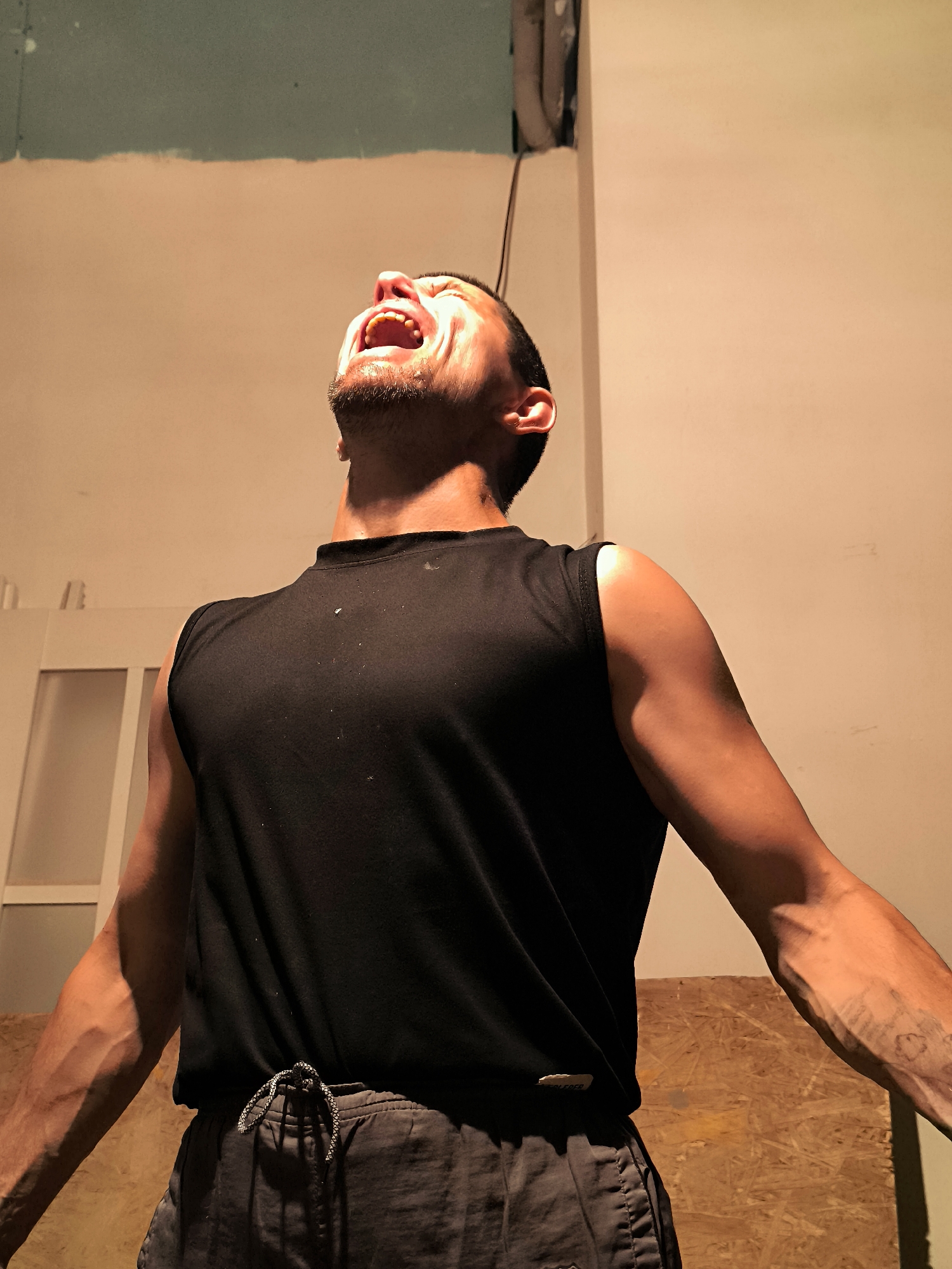 A low-angle, medium shot captures a man with short dark hair and stubble, his mouth wide open in a shout or scream, head tilted back. He is wearing a black sleeveless shirt and dark grey shorts with a drawstring. His arms are outstretched and bent at the elbows, his biceps and forearms are prominent. The background consists of a plain, cream-colored wall, with some white paneling and a portion of exposed electrical conduit visible near the top. The floor is covered with light brown, textured material. The lighting is warm, casting shadows and highlighting the man's musculature. There is no indication of the location being the city of Qarağandı city administration, Kazakhstan.