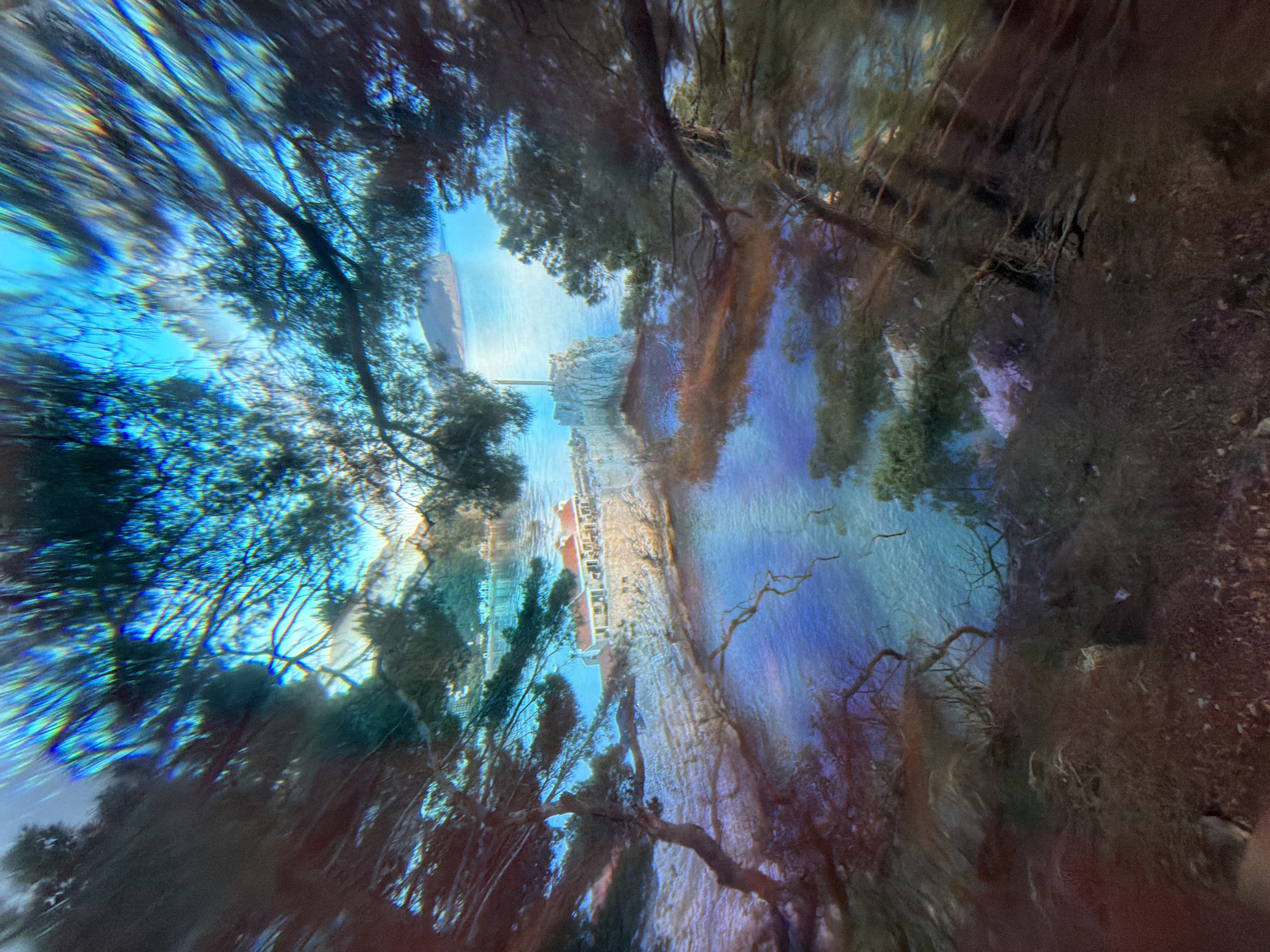 The image depicts a distorted view of Petrovac na Moru, Montenegro, seen through what appears to be a warped lens or filter. The Adriatic Sea is visible in the background, along with a rocky coastline and buildings. Pine trees frame the edges of the view, suggesting an elevated perspective. The lens distortion creates a swirling effect, particularly noticeable in the sky and water.