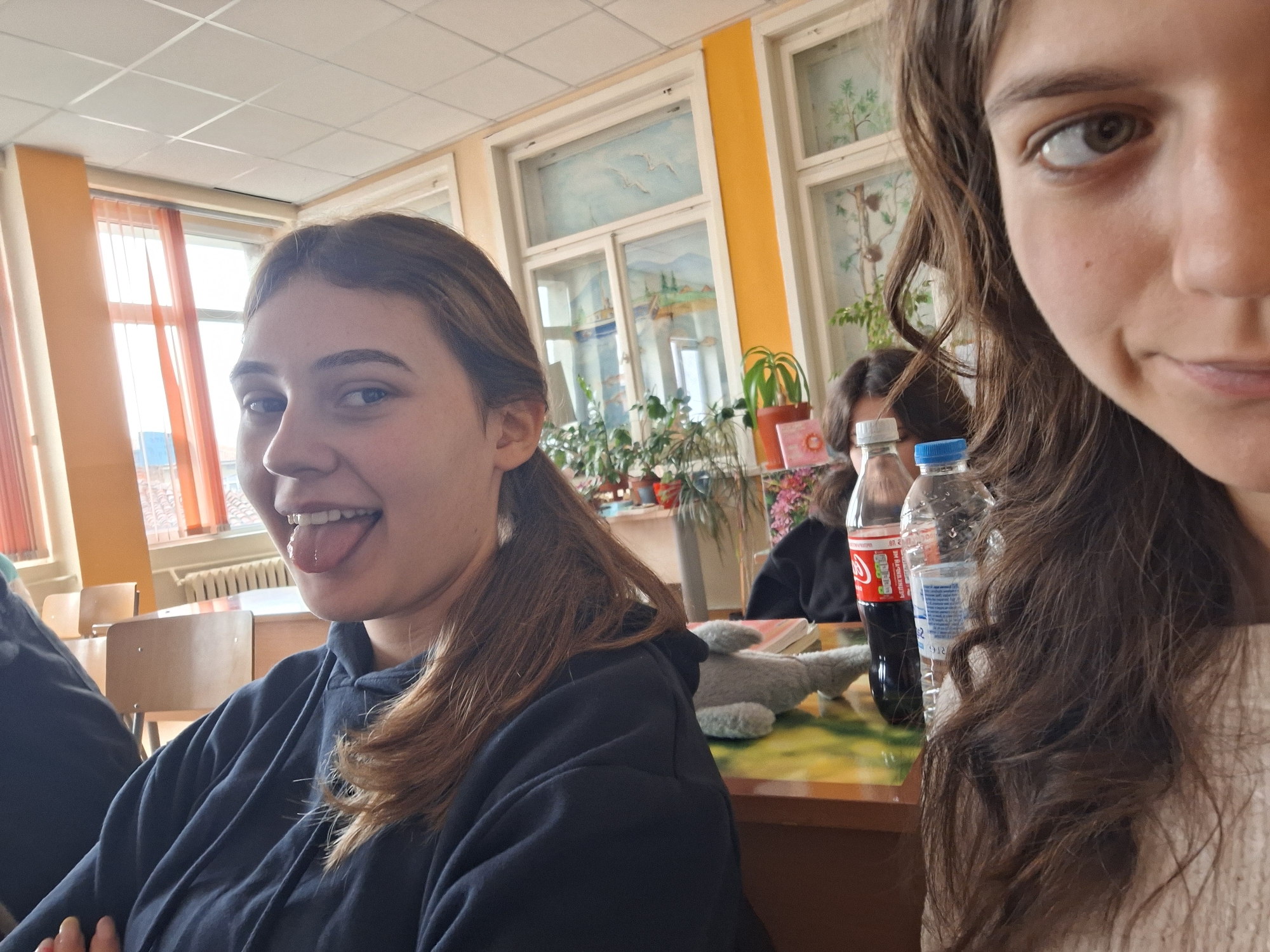 The photograph shows two young women posing indoors. The woman on the left sticks her tongue out towards the camera. She is wearing a dark blue hoodie. Her hair is light brown and tied back in a ponytail. The woman on the right is closer to the camera. She has long, wavy brown hair and is wearing a white sweater. Two water bottles and a bottle of Coca-Cola are visible on the table between them. There is also a stuffed animal on the table. A third person is seated behind the two women and facing forward. Several indoor plants are positioned by the windows in the background. Based on the presence of desks and chairs and the style of the building and windows, the photo was taken inside a classroom, potentially at the Panagyurishte school complex located in Panagyurishte, Bulgaria.
