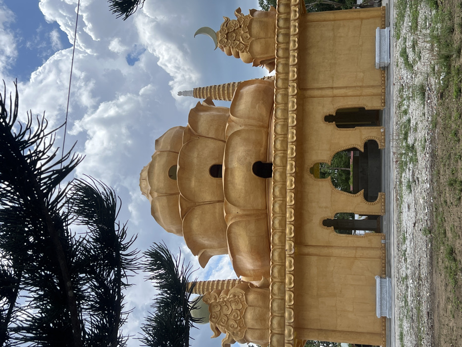 An exterior, eye-level forensic photograph captured in Đăk Mar, Vietnam, depicts a multi-tiered, golden-colored building under a partly cloudy sky. The structure features a large, central body composed of stacked, rounded tiers resembling lotus petals, each with small, dark, recessed openings. The base of the building is a rectangular block with a detailed frieze along its top edge. This base incorporates several large, dark cutouts in the shape of human figures: one centrally seated in a meditative pose, flanked by two standing figures. Through these openings, glimpses of interior space and vegetation are visible.
To the left and right of the central lotus-like structure, smaller, ornate tower-like elements rise from the base. The left tower culminates in a rounded, light-colored sphere, while the right tower features a golden crescent moon motif atop a similar base. A taller, slender, multi-ringed golden spire with a small white figure at its apex is visible behind the main structure, slightly to the right of center.
The immediate foreground consists of disturbed earth and sparse, dry grass. Two elongated, rectangular white stone benches with carved details are positioned on the ground directly in front of the building's base. Dark, needle-like foliage from an unseen tree frames the upper portion of the image, obscuring parts of the sky and the top of the building. The sky is predominantly blue with significant white, cumulus clouds. No individuals are present in the observable scene.