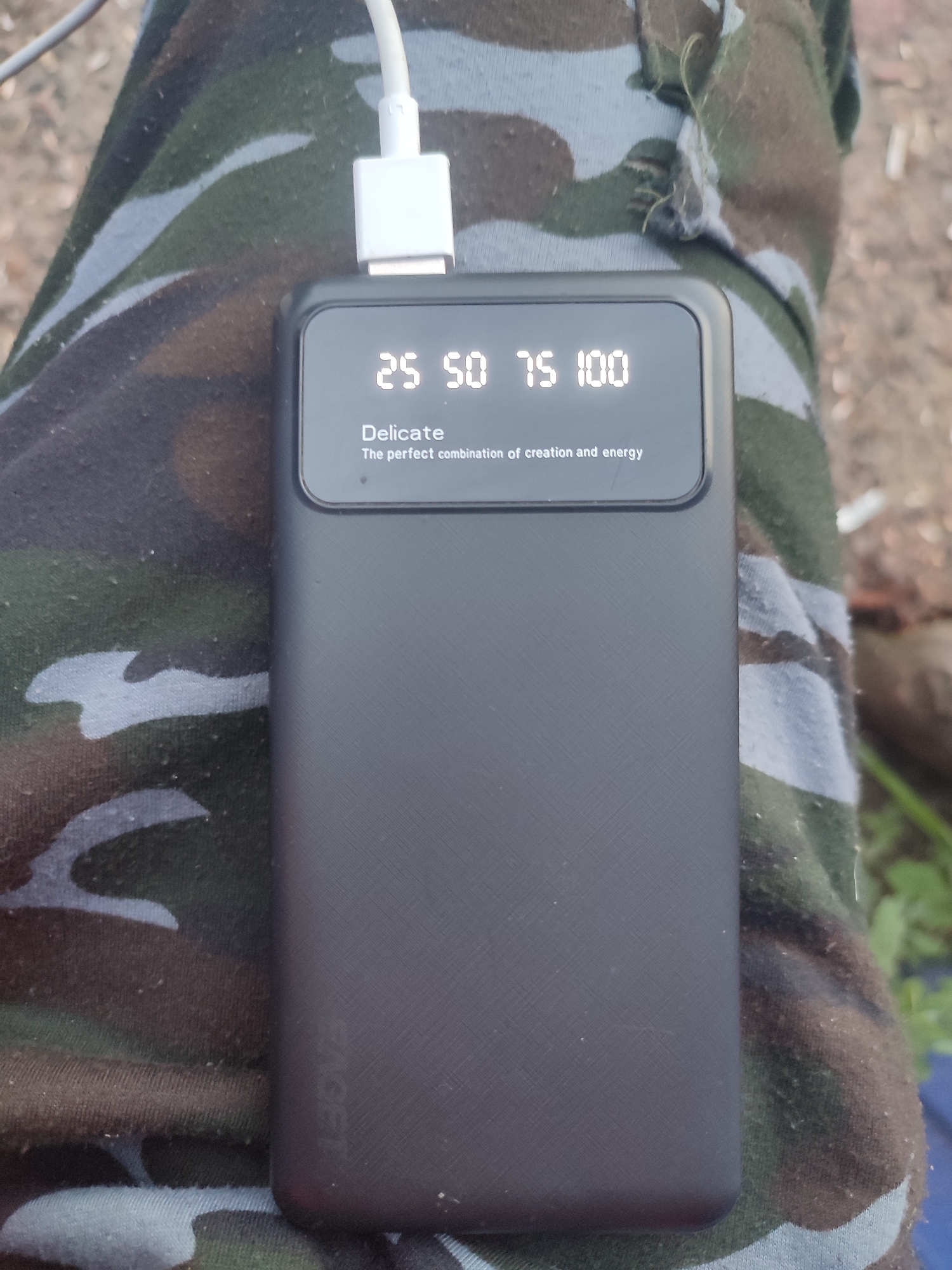 A close-up, overhead shot focuses on a black power bank, partially obscured by camouflage-patterned fabric. The power bank is plugged into a white charging cable, which extends out of the frame to the top left. The power bank's digital display shows four bars representing battery life: 25, 50, 75, and 100. Below these numbers, the words "Delicate" and "The perfect combination of creation and energy" are visible. The fabric appears to be part of clothing, possibly pants, with a rough, outdoor environment suggested by the blurred background of dirt and vegetation. The scene does not provide any context related to the city of Anoshkino, Russia.