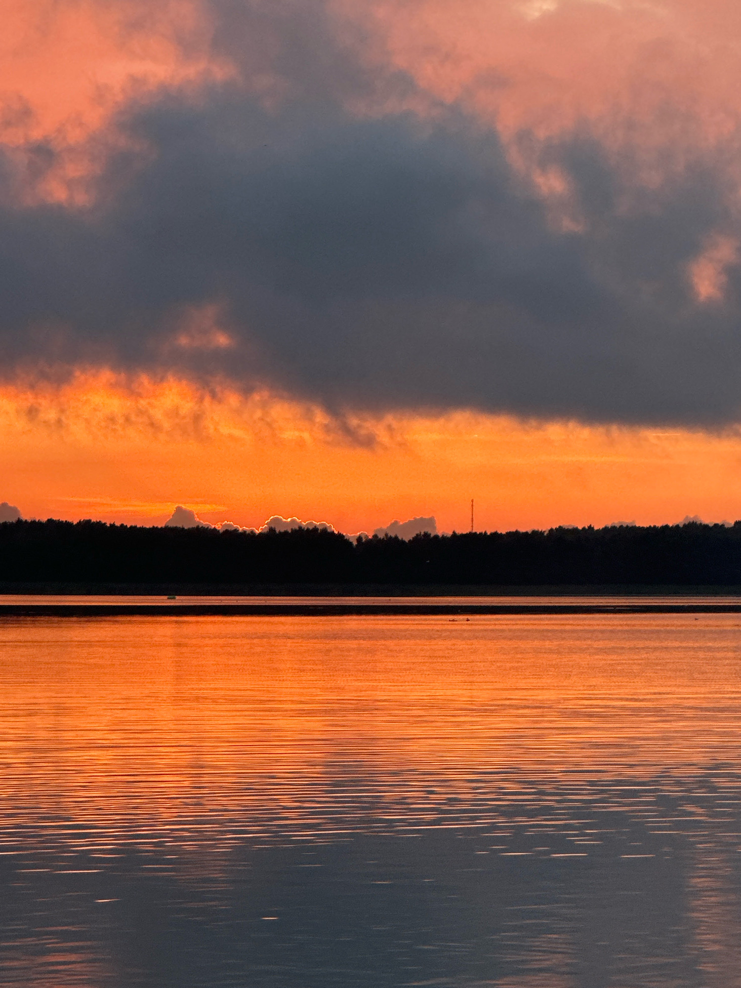 A wide shot captures a vivid sunset over a tranquil body of water. The sky is a dramatic spectacle of fiery orange and pink clouds contrasted against darker, brooding grey masses. The vibrant hues of the sunset are reflected in the rippling water, creating a mirror image of the sky's intensity. A silhouetted treeline forms a dark, unbroken band across the horizon, separating the sky from the water. A faint, thin tower is barely discernible against the treeline, suggesting human presence in the distance. A small white boat is visible on the water, adding a sense of scale and a touch of human activity to the natural grandeur. The overall scene evokes a sense of peace and awe, with the vibrant colors of the sunset dominating the composition. This scene could be the Pirita Beach in Tallinn, Estonia, a popular spot for sunset views.