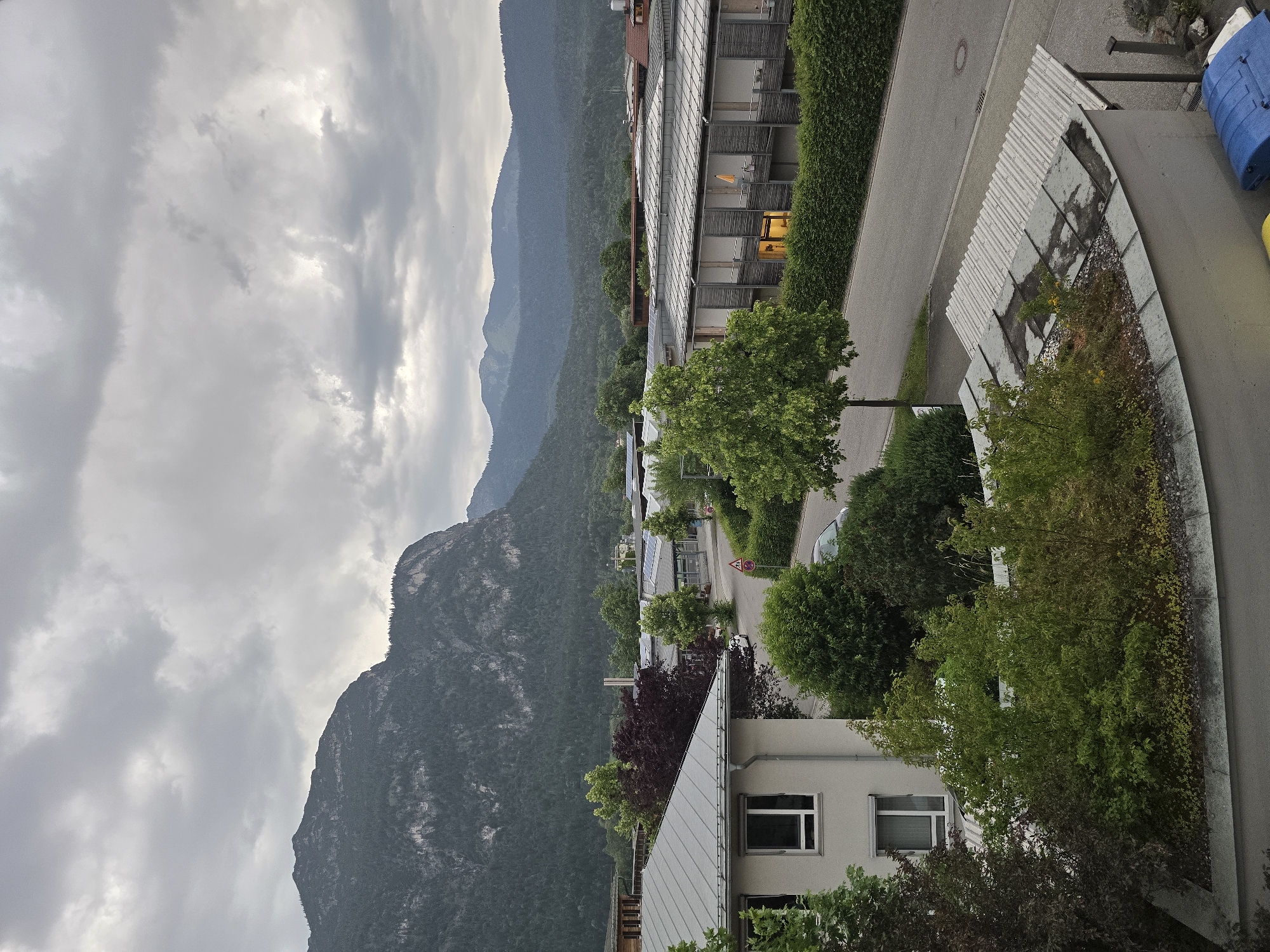 This image captures a view of a residential area with buildings and natural scenery in Garmisch-Partenkirchen, Germany. In the foreground, a light-colored building with a grey roof is visible, featuring windows. Adjacent to it, a dense green hedge lines a street. Further back, a larger building with a grey, ribbed roof and horizontal wooden paneling is prominent, with some windows illuminated, suggesting indoor activity. A smaller, darker building with a traditional red-tiled roof is also present. The street is paved and appears to be a residential road, with a few parked cars visible. Beyond the buildings, a lush green landscape unfolds, characterized by trees and shrubs. In the background, majestic mountains rise, their slopes covered in dark green foliage, under a cloudy sky. The overall scene conveys a sense of a quiet, possibly overcast day in a town nestled amongst natural beauty.
