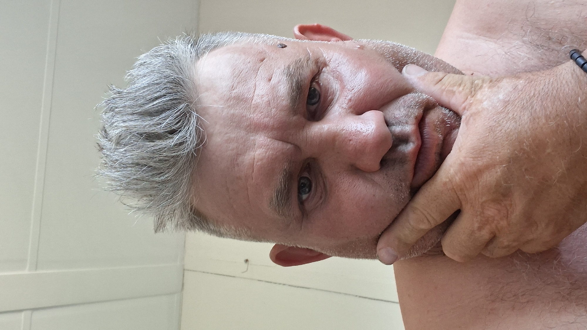 A close-up, head-and-shoulders selfie shows a Caucasian male with grey, spiked hair and a pensive expression. He has blue eyes, a prominent nose, and stubble on his chin and jawline. His right hand is resting on his chin, with his fingers splayed. A small dark mole is visible on his forehead. He appears to be indoors, with a plain, light-colored wall in the background. There are no other individuals or objects of significance in the frame. The image does not contain information about the location in Hîncești, Moldova.