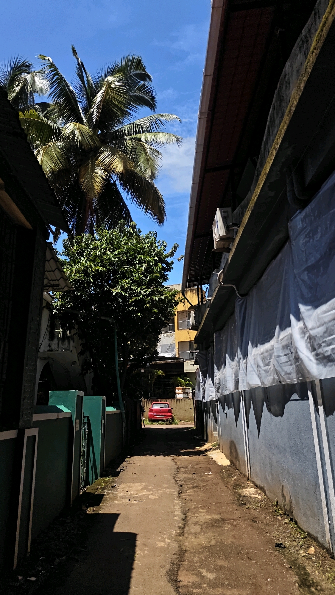 The image depicts a narrow, unpaved alleyway in Anjuna, India, under a clear blue sky. On the left, a green wall with white trim is visible, leading into a shadowed area. A large, leafy green tree stands prominently in the mid-ground. Beyond the tree, a yellow building with multiple windows is partially visible. To the right of the alley, a building with a blue wall is covered with large white tarps, with an air conditioning unit mounted above. The alleyway itself is dirt and gravel, with some scattered debris. In the distance, at the end of the alley, a red car is parked. A palm tree arches over the scene from the upper left, its fronds casting shadows. The lighting suggests a bright, sunny day, with strong contrasts between light and shadow.