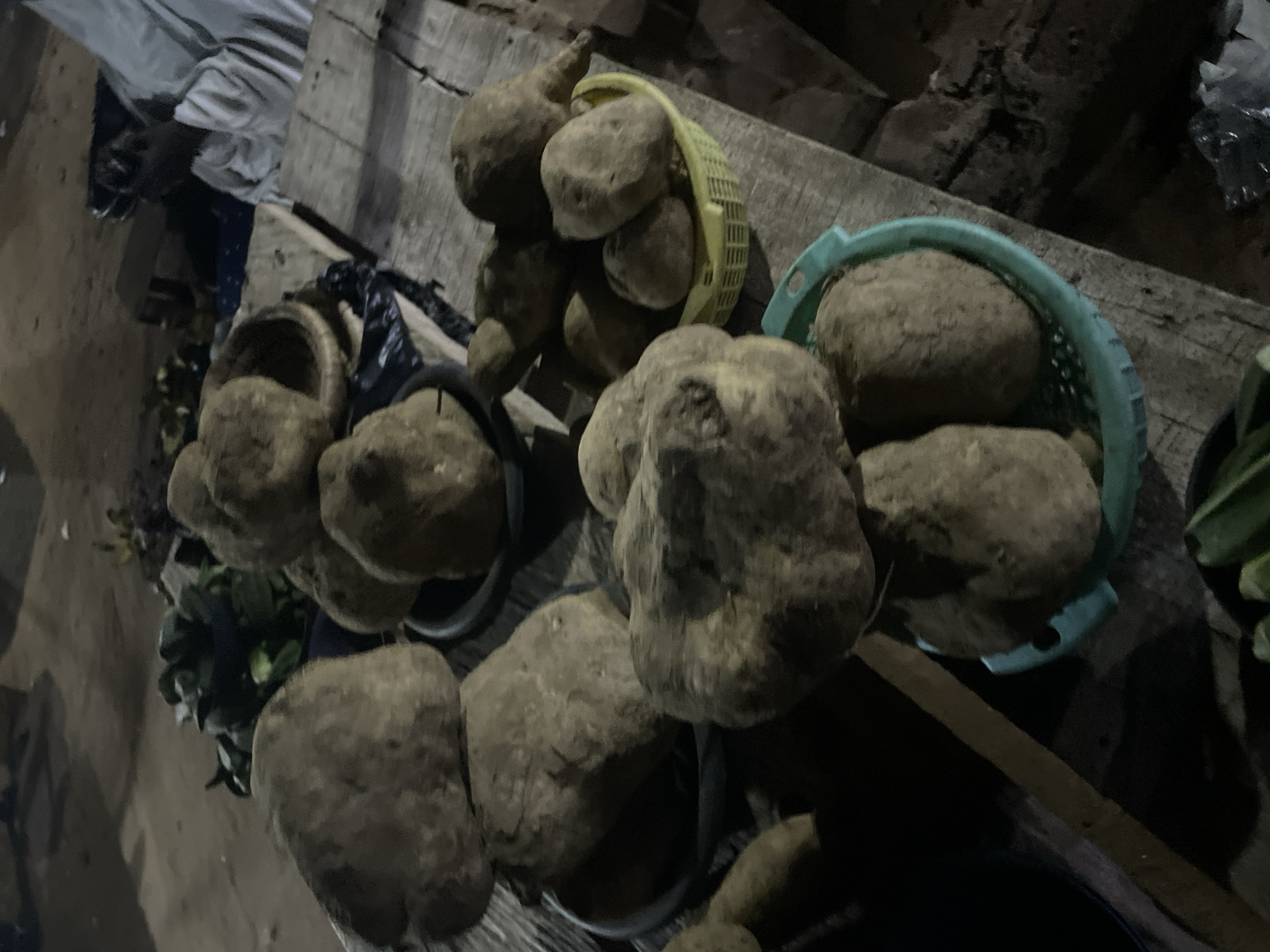 The image depicts a close-up, dimly lit scene of yams displayed on a wooden surface, likely at a market stall in Lokoja, Nigeria. Several large, irregularly shaped yams are the primary focus, with some resting on the wooden planks and others contained within woven baskets or bowls. One basket, a vibrant yellow, holds a cluster of yams, while a teal-colored plastic container also contains several. The yams vary in size and texture, appearing earthy and rough. In the background, out of focus, are hints of other market goods and a person wearing light-colored clothing, partially visible. The overall lighting suggests it might be nighttime or an indoor setting with artificial light. The wooden surface appears weathered and worn, consistent with a traditional market environment.