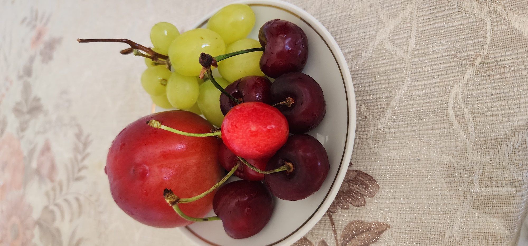 The image depicts a close-up, overhead shot of a white ceramic plate filled with fruit, resting on a textured tablecloth. The fruits on the plate include a large red apple or nectarine, a bunch of pale green grapes, and several dark red cherries. One cherry in the foreground is a brighter red. The tablecloth has a woven texture with a subtle floral pattern in muted brown and beige tones, and appears to have a slight sheen. The lighting suggests an indoor setting, with soft, diffused light casting gentle shadows. The image's composition focuses on the arrangement of the fruit, with the background and tablecloth providing context. There is no indication of the city of Sderot, Israel, or any specific urban environment within the image itself.