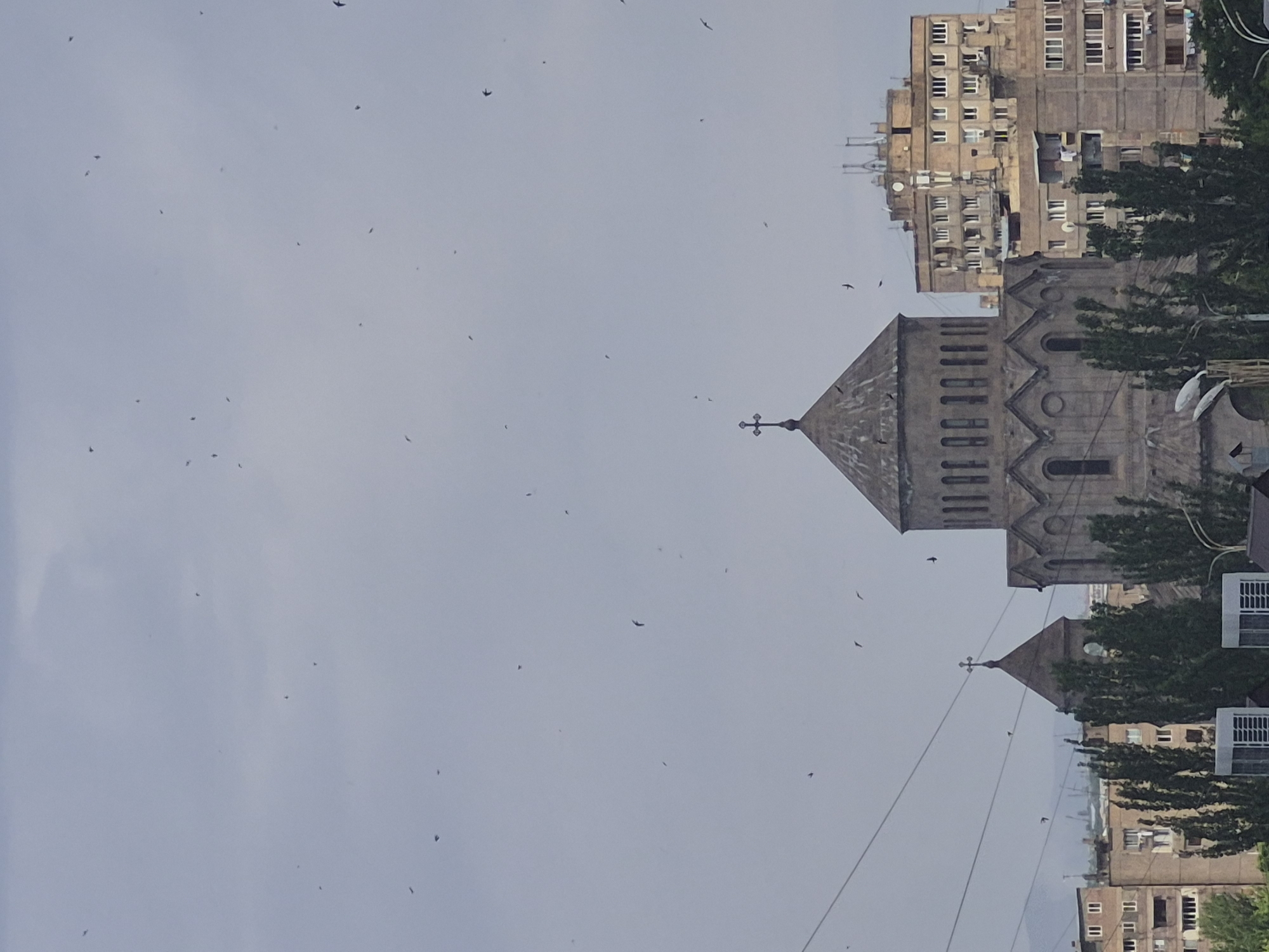 In Yerevan, Armenia, an overcast sky is filled with numerous small, dark birds in flight, creating a sense of movement and a slightly ominous atmosphere. Below the sky, the prominent silhouette of a large, traditional Armenian church dominates the center of the frame. The church features a conical dome topped with a cross, and its stone facade exhibits architectural details like arched windows and a textured surface. To the right of the church, several multi-story apartment buildings, typical of Soviet-era architecture, are visible. These buildings are characterized by their concrete construction, repetitive window patterns, and various rooftop antennas. In the foreground, the tops of several tall, dark green trees are seen, and power lines crisscross the midground. The overall scene depicts an urban landscape under a cloudy sky, with the church serving as a focal point amidst the residential buildings and natural elements.