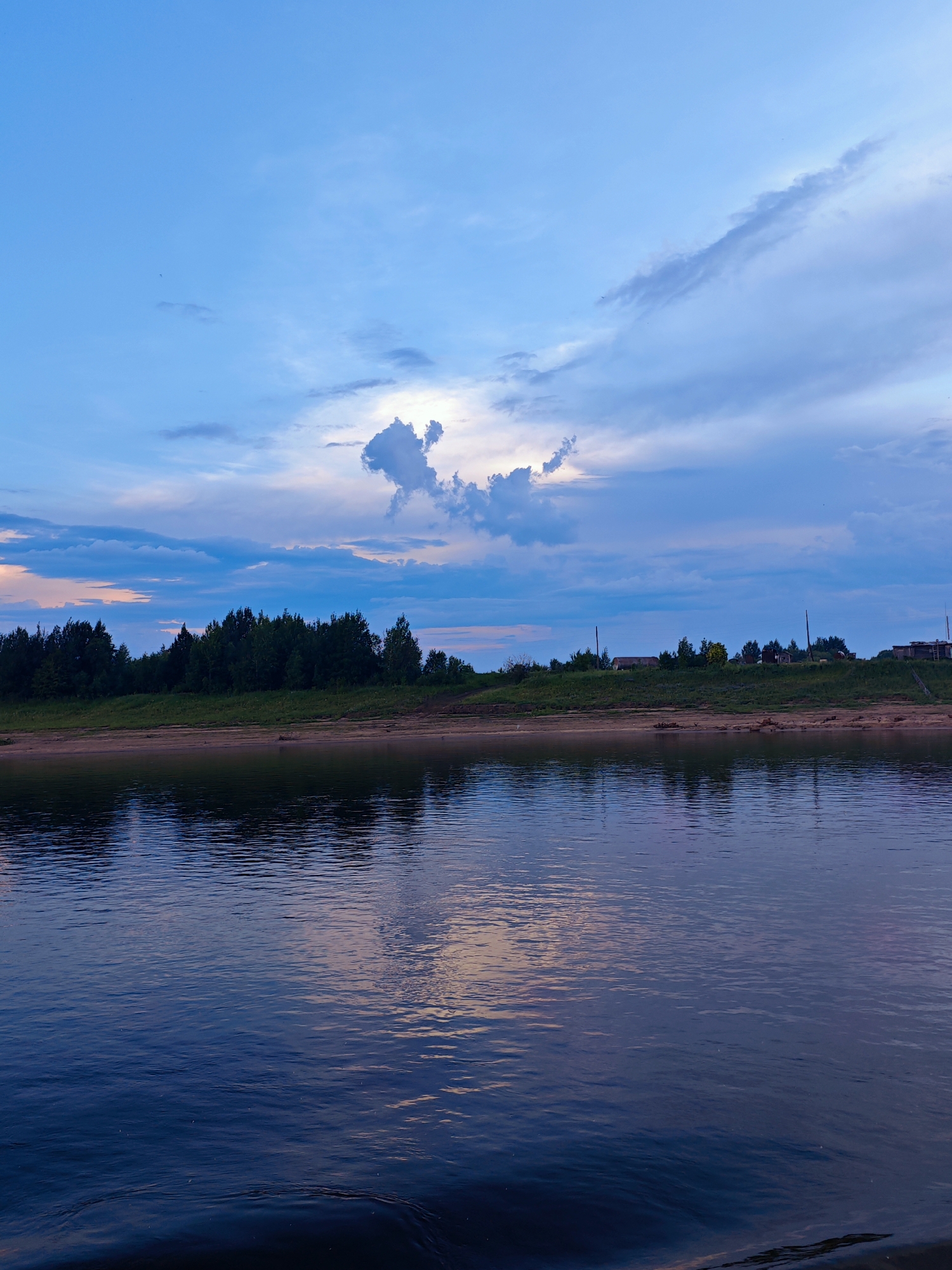The image depicts a serene natural landscape at dusk, likely in the vicinity of Vorogovo, Russia, given the presence of a wide river and a densely forested bank. The sky is a vibrant gradient of blues and purples, with scattered clouds catching the last rays of sunlight. A prominent cloud formation in the upper right quadrant resembles an animal, adding a touch of whimsy to the scene.
The river occupies the foreground, its surface reflecting the colors of the sky and the distant trees. Gentle ripples suggest a calm atmosphere. The middle ground features a sandy riverbank, transitioning into a thick band of dark green trees that form a natural barrier along the water's edge. Beyond the trees, on a slightly elevated plain, are scattered buildings indicative of a rural settlement, with some power lines visible. The overall impression is one of peaceful tranquility, characteristic of a rural evening by the river. There are no people or animals visible in the frame.