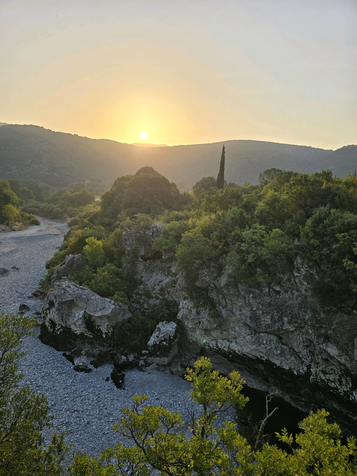 A wide shot captures a sunset over a rocky riverbed in Bioče, Montenegro. The sun, a bright orb, sits low on the horizon, casting a warm, golden glow across the sky and illuminating the rolling hills. The riverbed, filled with smooth, grey stones, winds its way through a lush, green valley. Steep, rocky cliffs line the river, covered in dense vegetation. A tall, slender cypress tree stands prominently on one of the hills, silhouetted against the sky. The foreground is dominated by the rocky riverbed, while the middle ground features the cliffs and trees. In the background, the hills fade into the soft light of the setting sun. No people or animals are visible in the scene.