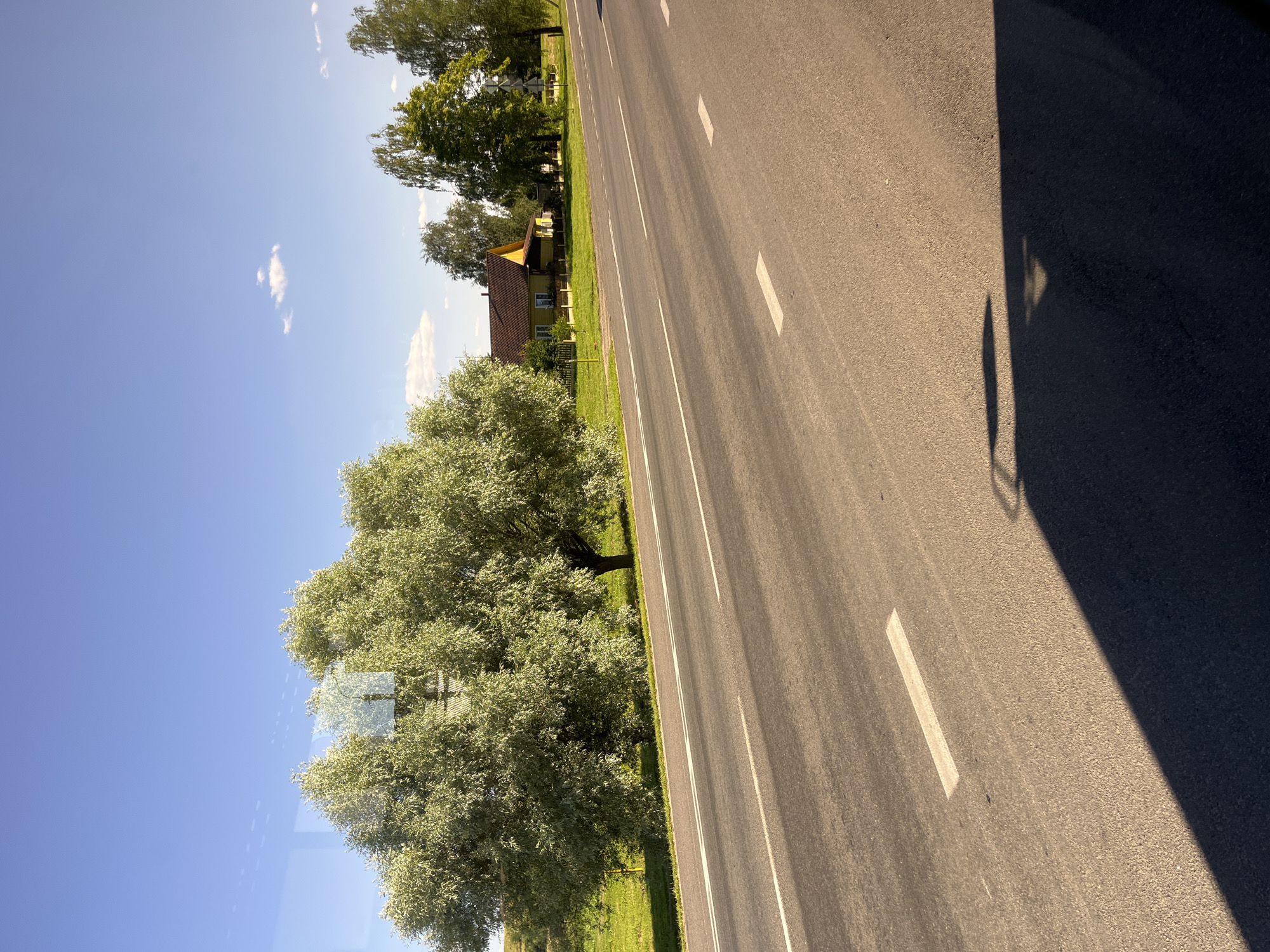The image depicts a sunlit, rural road in Myadzyel, Belarus. The road, paved with asphalt, features white lane markings and extends into the distance. On the left side of the road, a lush green field is bordered by a large, leafy tree with silvery-green foliage. Beyond the field, a yellow house with a red roof and white trim is visible, nestled behind a wooden fence and surrounded by greenery. Several other trees, varying in size and foliage, dot the landscape behind the house. The sky is a clear, bright blue with a few wispy white clouds. The scene is captured from a low vantage point, possibly from a moving vehicle, as indicated by the shadow of an object, likely the vehicle or its occupant, cast across the road in the foreground. The overall impression is one of a peaceful, scenic countryside setting.