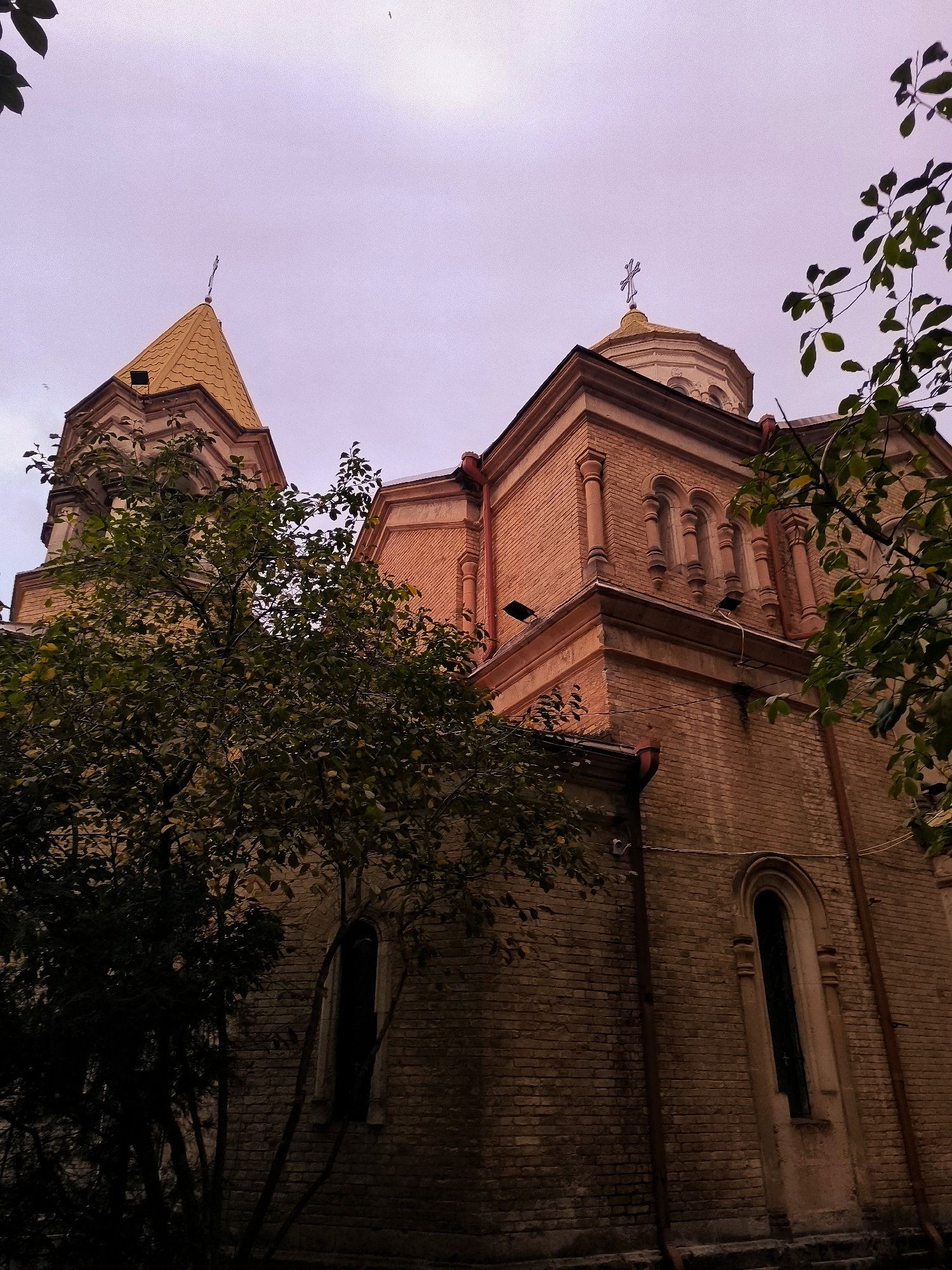 The image depicts the Holy Trinity Church in Batumi, Georgia, viewed from a low angle against a cloudy, lavender sky. The church is constructed from yellow brick and features a prominent golden-domed bell tower on the left and a smaller dome with a cross on the main building on the right. Arch-shaped windows are visible on the church's facade, and trees with green foliage frame the structure, partially obscuring parts of the building. The overall atmosphere is somewhat somber, likely due to the overcast sky.