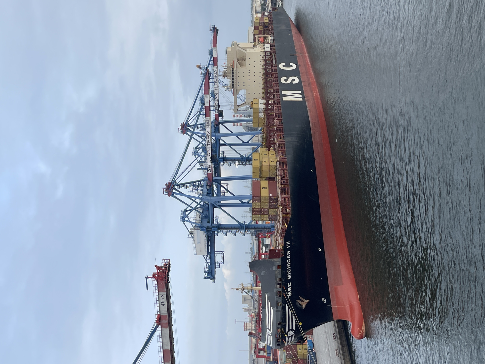 In Abidjan, Ivory Coast, at the Abidjan Terminal, a large cargo ship named "MSC MICHIGAN VII" is docked. The vessel, painted black with a red hull, is laden with numerous shipping containers. In the background, massive blue and red gantry cranes, also labeled "ABIDJAN TERMINAL," are positioned to load or unload the containers. A red crane with a "47m>" sign is visible on the left. The sky above is overcast with a light gray hue, and the sea in front of the ship appears dark and rippled. No people are clearly visible in the scene. The overall impression is one of a busy port environment.