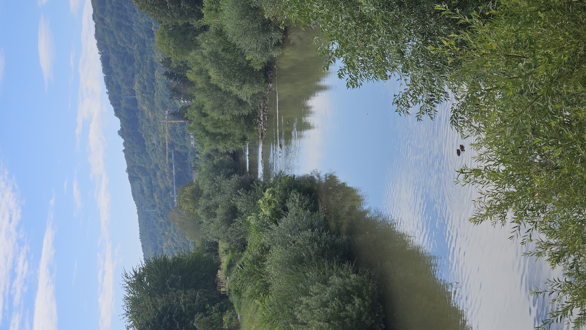 The image depicts a serene natural landscape with a river flowing through it. The river, with its calm, reflective surface, is the central focus, bordered by lush green foliage on both sides. In the background, a verdant, tree-covered hillside rises, with a blue sky dotted with white clouds above. The scene appears tranquil, with no people visible. The overall impression is one of a peaceful, natural environment, possibly a park or a rural area, with the presence of distant construction cranes suggesting ongoing development in the vicinity. The presence of ducks on the water adds a touch of wildlife to the scene. The specific location of Prešov, Slovakia, is not visually identifiable from the image itself.