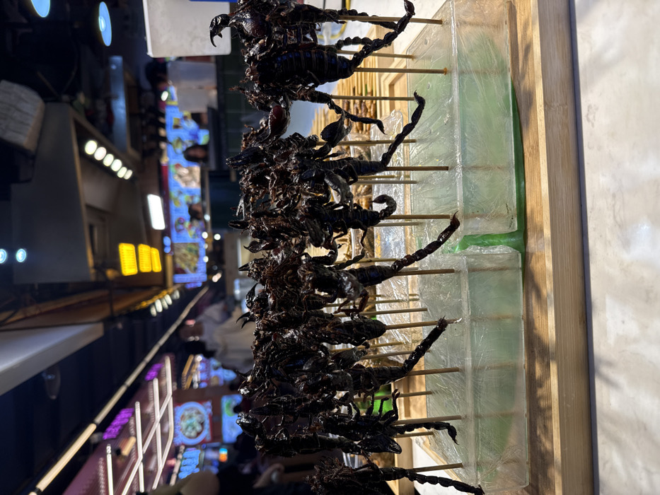 The image displays a vendor's food stall within an indoor market environment, located in Yuzhong District, China. The primary subjects are approximately thirty dark, cooked scorpions, each impaled lengthwise on a thin wooden skewer. These skewers are vertically inserted into two translucent, clear resin blocks that appear to serve as a display stand, resting on a light-colored wooden tray. The scorpions exhibit distinct anatomical features, including segmented bodies, visible claws, and tails curved over their backs. The background is intentionally blurred but reveals a bustling commercial space. Indistinct human figures are visible, some standing, suggesting customer presence or vendor activity. Further in the background, multiple illuminated digital displays and neon signs, featuring various food items and menus, provide artificial lighting. The overhead area shows a grid of artificial strip lights and individual spotlights, indicating an indoor commercial setting.