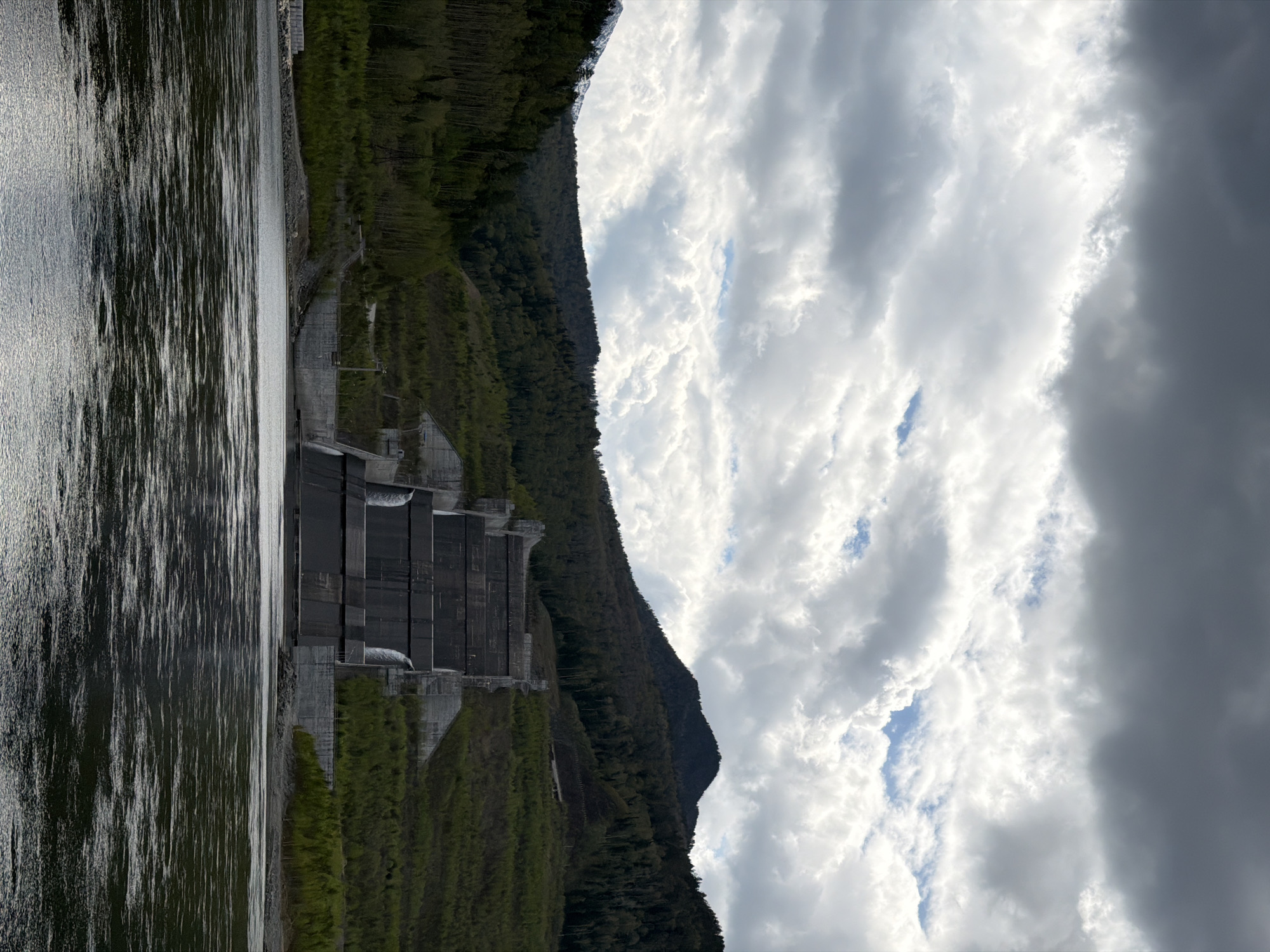 The image shows a large concrete dam set against a backdrop of a forested mountainside and a sky filled with dramatic clouds. Water is visible in front of the dam. The dam appears to be located near a mountainous region, given the presence of a slope covered in dense vegetation. The cloudy sky includes a dark cloud mass on the right side, suggesting the possibility of inclement weather.
I cannot place this dam specifically in Cheremushki, Russia. The image indicates a natural setting that is not typical of a densely urban area. A dam in such a mountainous, forested environment is unlikely to be located directly within a major city like Cheremushki, which is a district of Moscow.