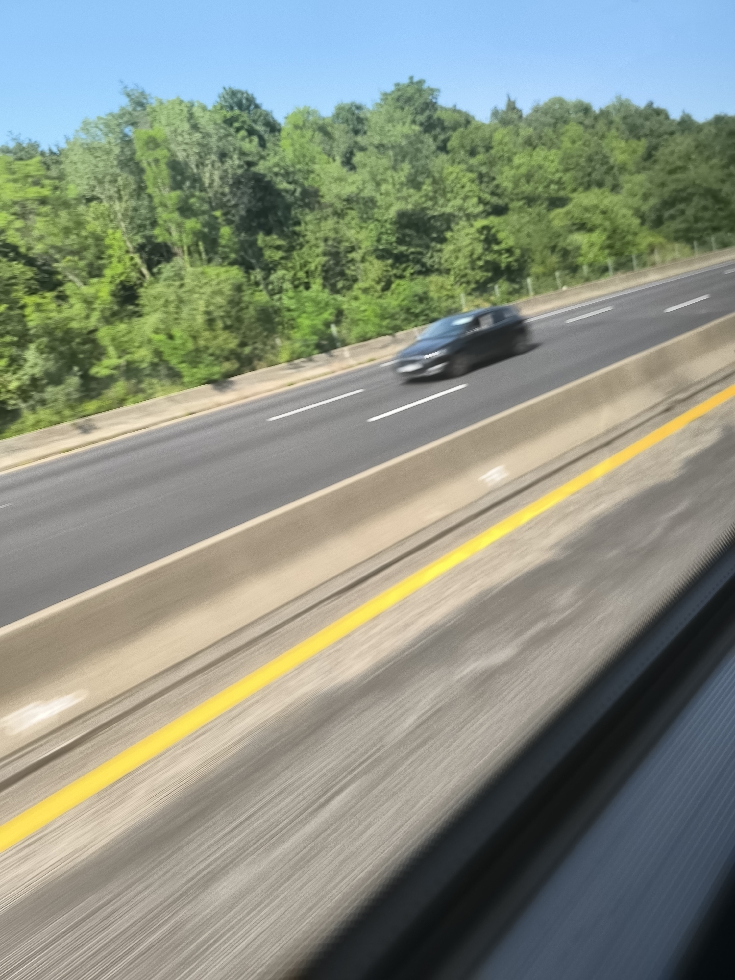 The image shows a blurred view from a moving vehicle, likely on a highway, with a green treeline bordering the road. In the middle ground, a dark-colored car is traveling on the highway. The road has white lane markings and a yellow line along the barrier. The sky is visible as a strip of blue at the top of the image. The image appears to be taken in L'Horme, France.