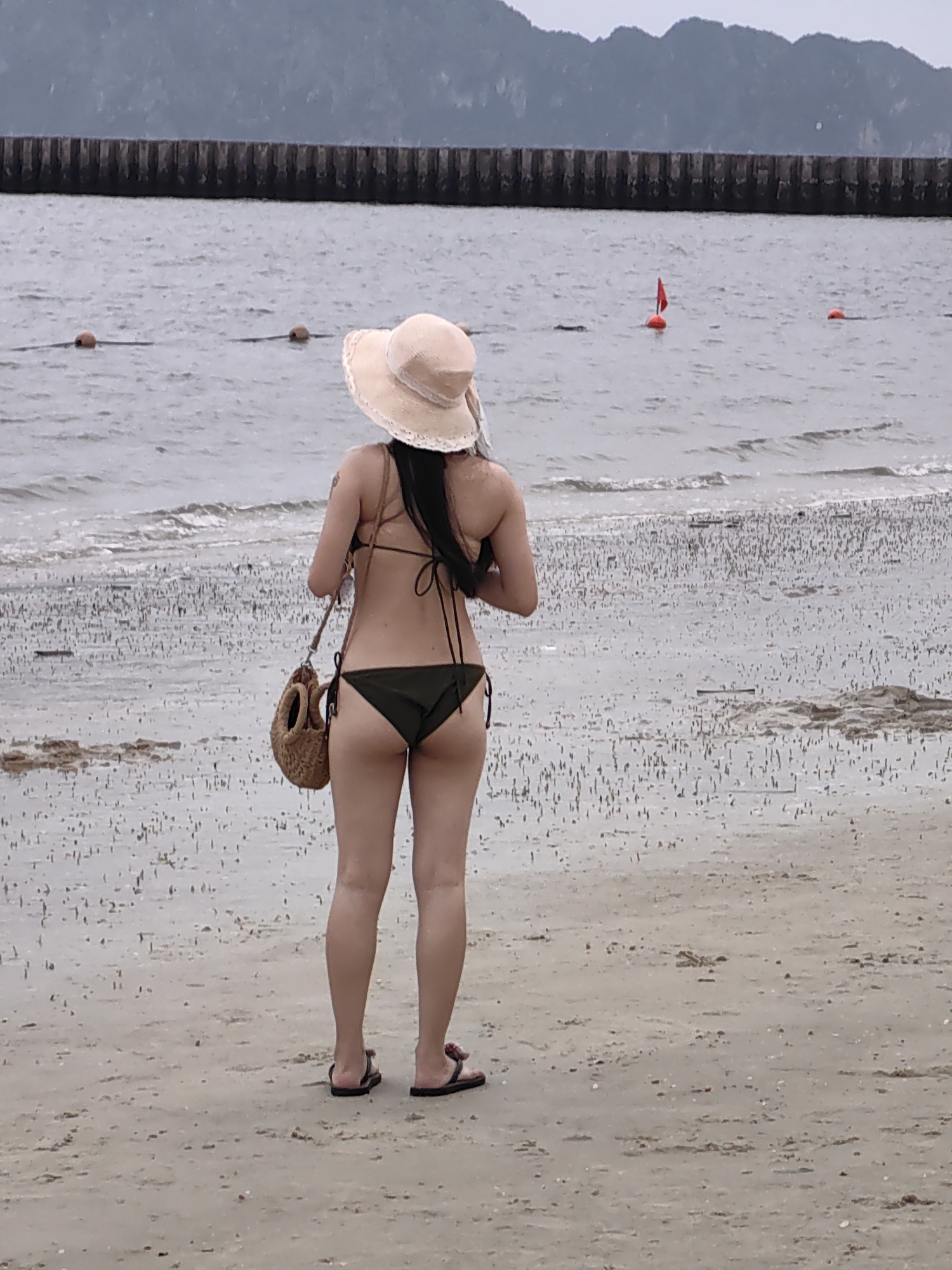 The image shows a person viewed from behind, standing on a sandy beach and looking out towards the water and mountains. The individual is an adult female with long dark hair, wearing a light-colored straw sun hat with a white scalloped trim, a dark olive green bikini, and dark sandals with a touch of red. She carries a small, woven, light brown bag over her left shoulder.
The foreground is a wet, light brown sandy beach, appearing to be at low tide. It is covered with numerous small, dark, vertical objects, possibly exposed marine life or vegetation, and some larger clumps of darker material.
In the midground, the water is calm and greyish-blue, with gentle ripples and small waves. Several orange buoys are visible, and one buoy features a small red flag. A long, dark, concrete or stone barrier, possibly a pier or sea wall, stretches horizontally across the scene, separating the water from the distant landscape. Beyond this barrier, dark, undulating mountains rise under an overcast, light grey sky.
The activity depicted is the person observing the coastal scenery. The setting suggests a tranquil day at the beach, characteristic of a bay or coastal area like Bai Chay Ward, Vietnam. The time of day is daytime, under an overcast sky, which provides soft, diffused lighting. There is no visible text in the image.