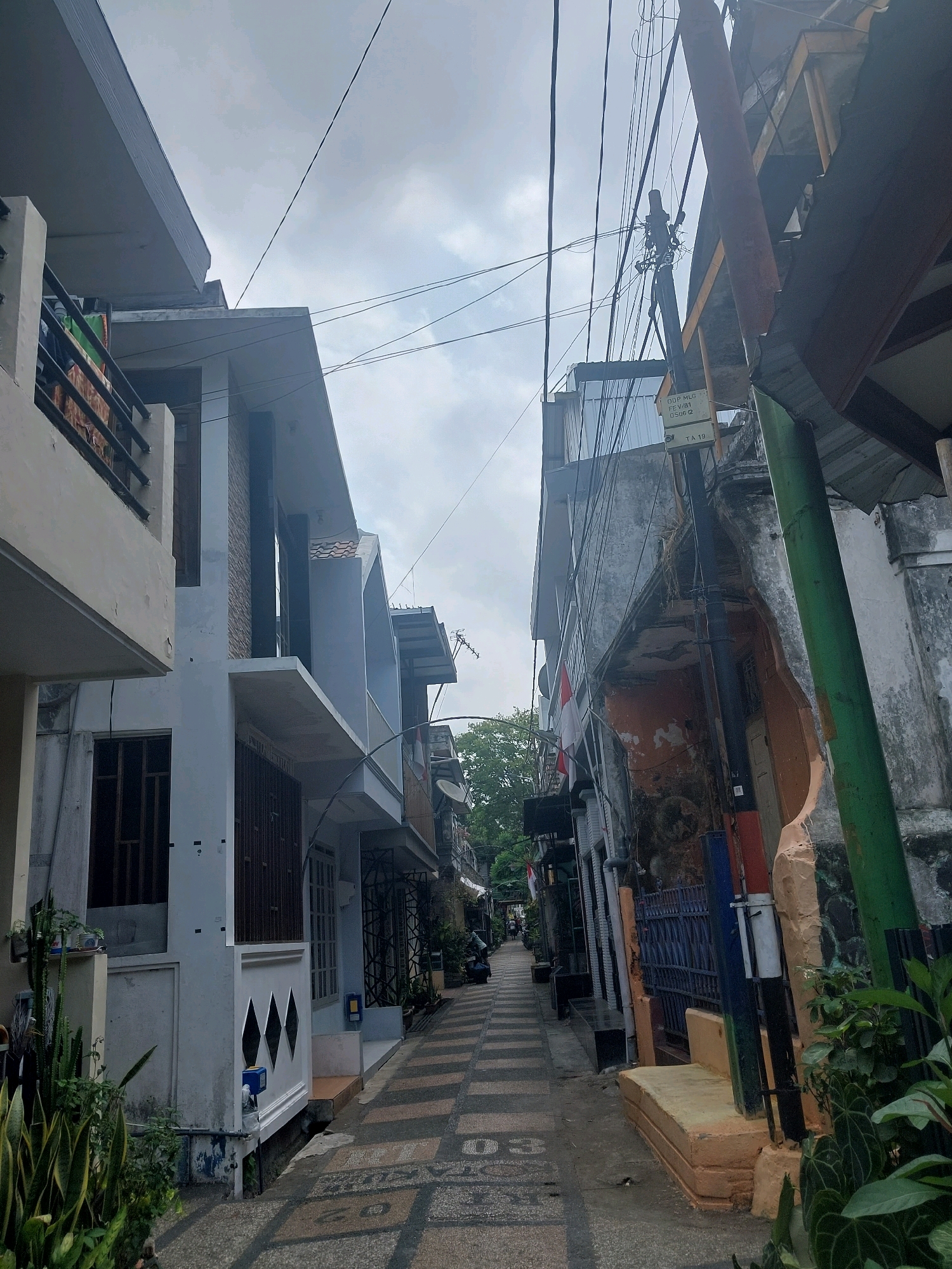 The image depicts a narrow, paved alleyway in what appears to be a residential area of Malang, Indonesia. The alley is flanked by two rows of buildings, mostly multi-story houses with varying architectural styles and states of upkeep. The buildings on the left are predominantly white and modern, while those on the right show signs of age and wear, with peeling paint and visible construction materials. Overhead, a dense network of electrical wires crisscrosses the sky, typical of urban environments.
The ground of the alley is paved with stone tiles featuring a patterned design and markings that appear to be house numbers or street indicators, one of which reads "03". Lush green plants, including snake plants and larger leafy varieties, are visible in pots and along the edges of the buildings, adding a touch of nature to the urban setting. A few Indonesian flags are visible, one prominently displayed on a building on the right. The sky is overcast with heavy clouds, suggesting a possibly humid or rainy climate. The scene appears quiet, with no people actively engaged in any discernible activity, though a parked motorcycle can be seen in the distance on the left side of the alley. The overall impression is one of a densely populated urban neighborhood with a mix of modern and older structures.