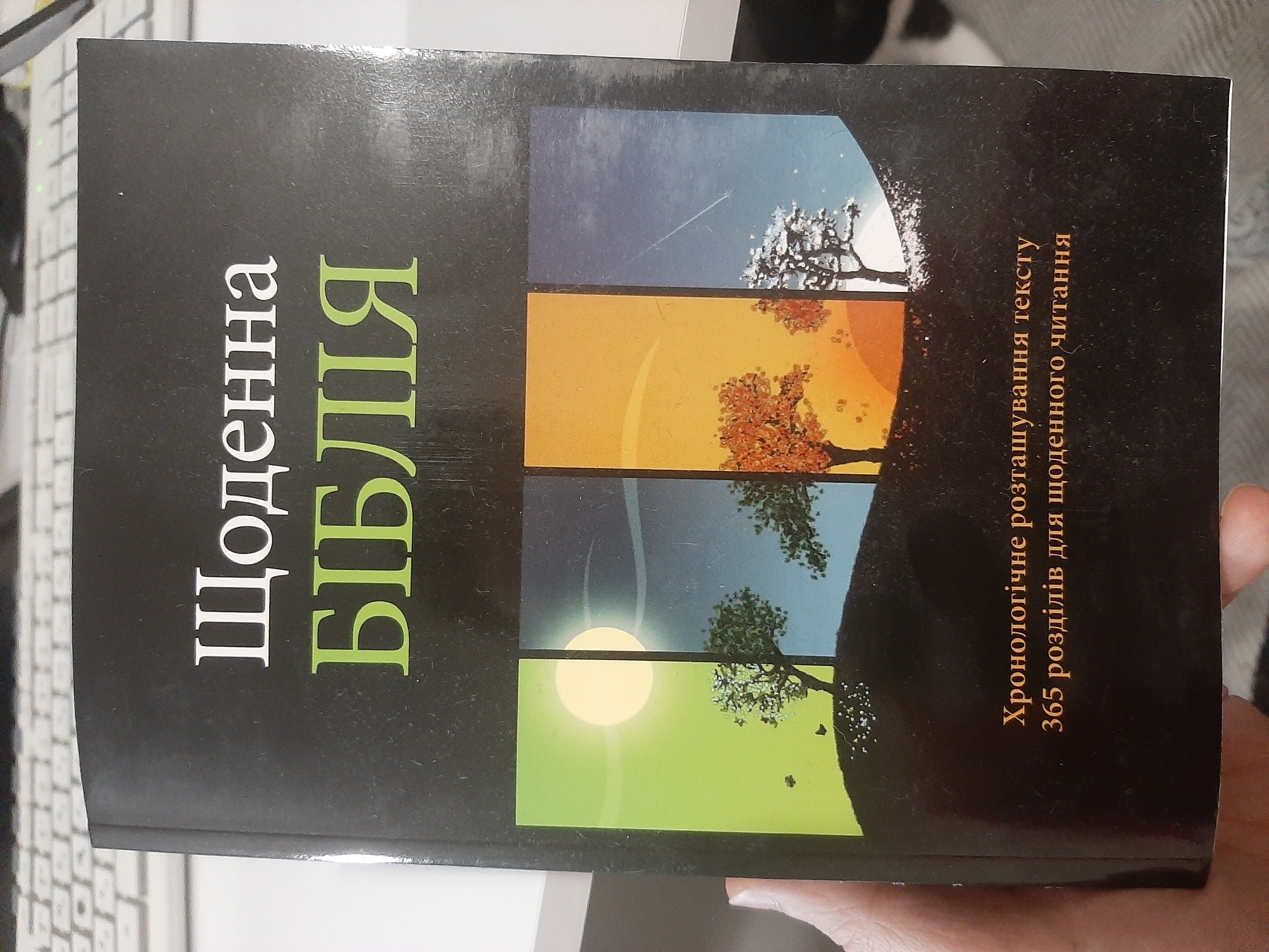 A close-up, eye-level, indoor, over-the-shoulder shot shows a hardcover book with a black background and text in white and green. The title is "Щоденна БІБЛІЯ" in large white and green capital letters. Below the title, a colorful image depicts four vertical panels showing a tree in different seasons: green leaves and a bright sun (spring/summer), orange leaves (autumn), and a snow-covered tree (winter). The text at the bottom of the book, in orange, reads "Хронологічне розташування тексту 365 розділів для щоденного читання". The book is held by a hand, with a blurry keyboard visible in the background, suggesting it's on a desk or table. The overall lighting is neutral, and the image is slightly dusty.