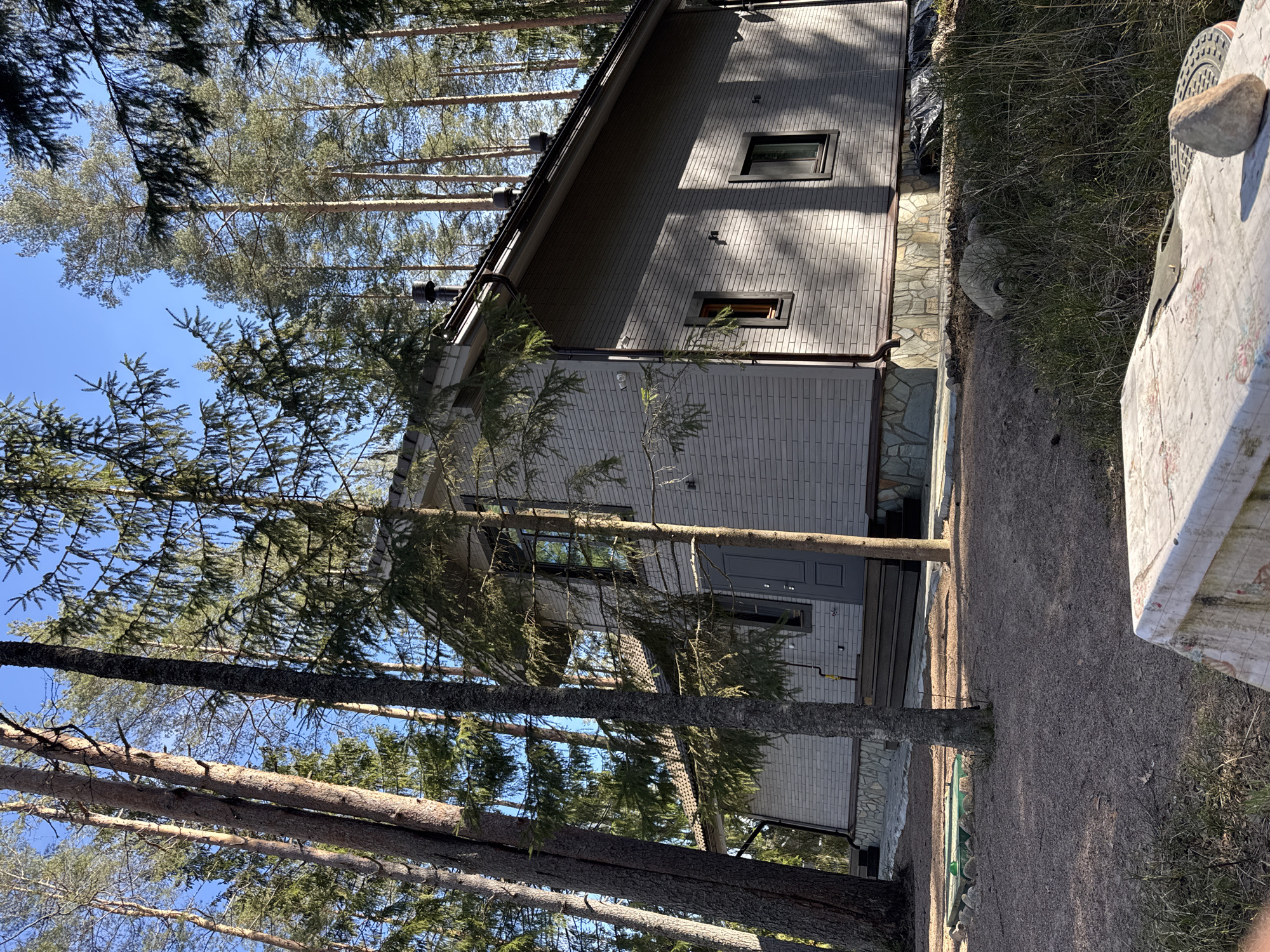 A landscape photo shows a single-family home near the city of Aleksandrovka, Russia. The two-story building has gray tiled siding, brown trim around the windows and doors, and a gray roof. The foundation is made of large, flat stones. The home is surrounded by tall, thin pine trees with sparse green needles. The ground is covered in dark sand or gravel. Part of a white table is visible on the right edge of the photo. The sky is light blue with a few clouds.