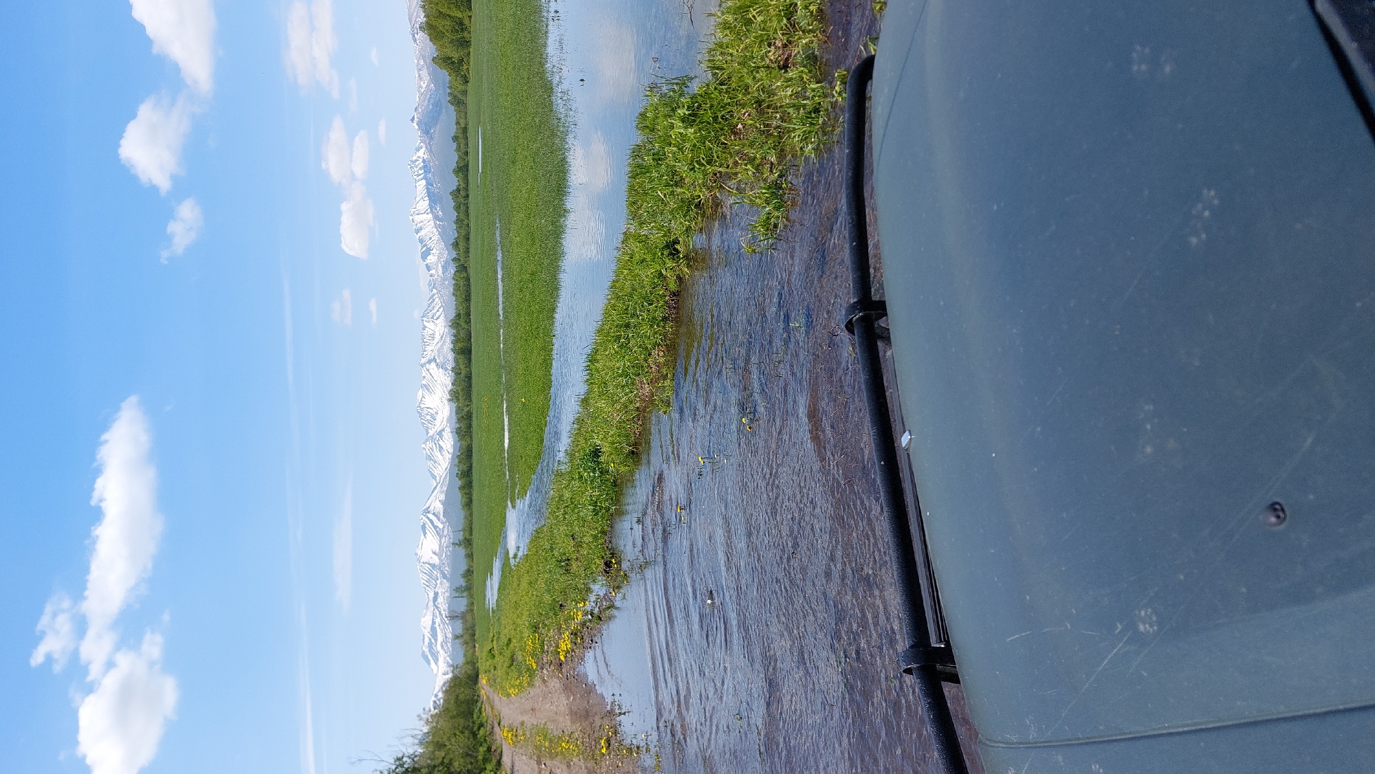 The image captures a scenic view of a landscape with a body of water and a mountain range in the background. A dirt road runs along the left side of the image, bordering the water. The water appears to be a shallow flood or a river, with some vegetation growing along its edges and within it. The foreground shows the hood of a dark-colored vehicle, suggesting the photo was taken from inside or from the perspective of a vehicle. The sky is blue with scattered white clouds, and the distant mountains are snow-capped. The scene is set in a natural environment, likely in a rural area. The location is Zelenyi, Russia.