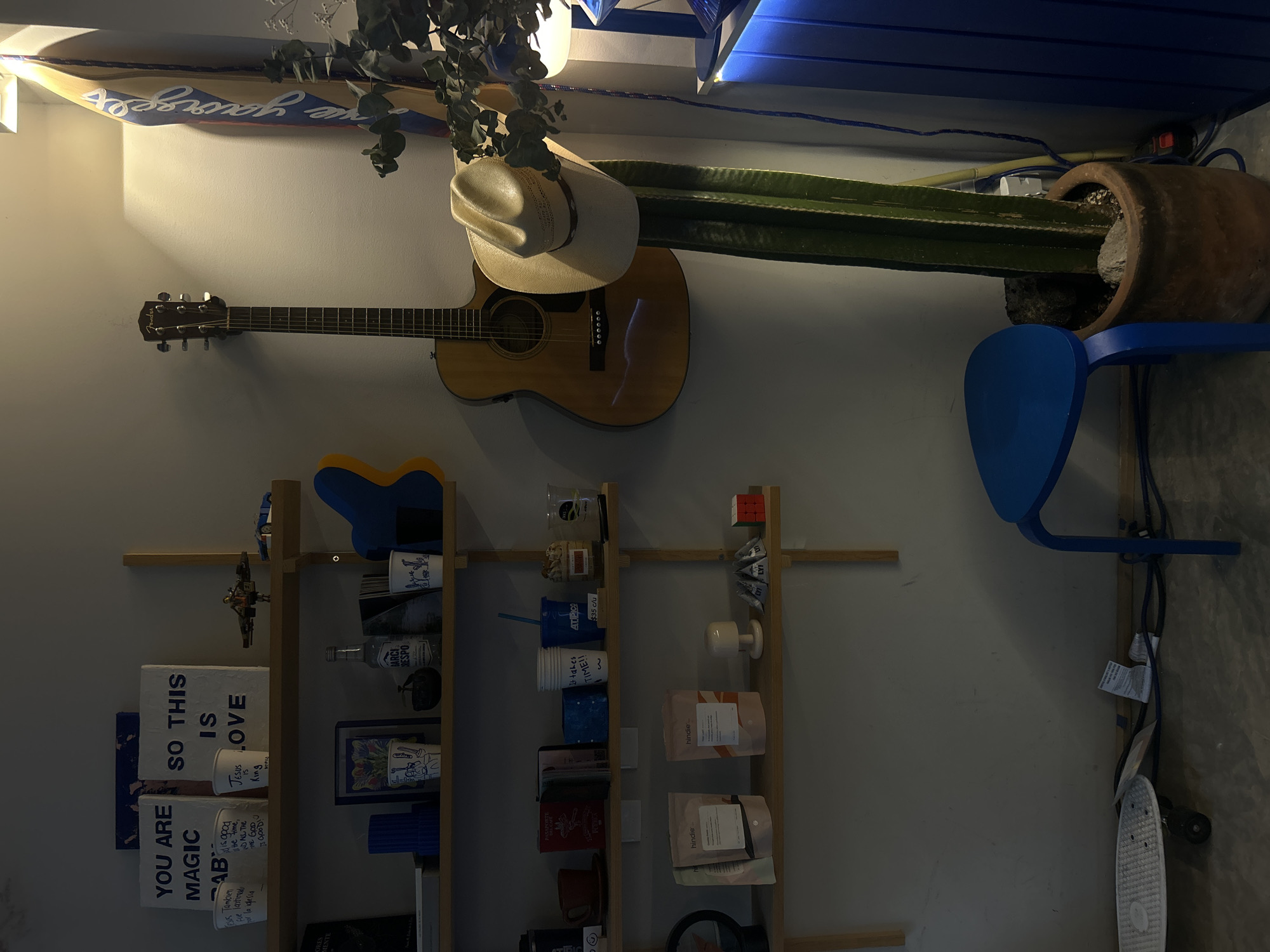 The image captures an interior scene with various objects arranged on a wall and shelves. An acoustic guitar with a cowboy hat perched on it is mounted on the wall, adjacent to a cactus in a terracotta pot, which is positioned above a blue chair. Above the guitar is a decorative piece that reads "Love Yourself".
Below, a wooden shelf is stocked with miscellaneous items, including cups, books, and packaged goods. Notable items include books with text "YOU ARE MAGIC" and "SO THIS IS LOVE", alongside containers of "hindie" brand goods. A blue item is also visible on the shelf.
To the right of the chair, a skateboard leans against the wall.
There is no clear indication that the scene is in San Bernardino Tlaxcalancingo, Mexico.