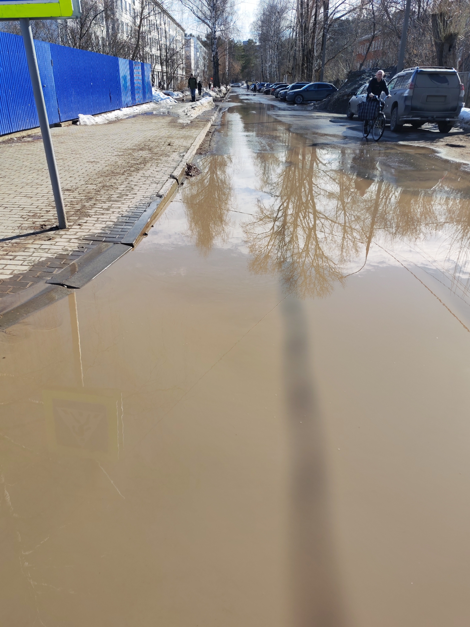 This image captures a street scene in Chaikovsky, Russia, during a period of thawing, likely late winter or early spring. The foreground is dominated by a vast, turbid, light-brown puddle of water covering the street's width, reflecting the sky, bare tree branches, and overhead power lines. A grey vertical pole, partially obscuring a yellow pedestrian crossing sign, stands in the lower-left foreground.
To the immediate left, a paved sidewalk, constructed from light-colored bricks, runs parallel to the puddle, showing patches of moisture and dirt. Along the left edge of the sidewalk, a bright blue corrugated metal construction fence extends into the midground. Beyond the fence, multiple multi-story residential apartment buildings with light facades are visible, interspersed with bare deciduous trees. Several individuals are walking on this sidewalk in the midground.
On the right side of the street, a row of parked cars lines the curb adjacent to the extensive puddle. One individual, dressed in dark clothing, is pushing a black bicycle equipped with a checkered bag on its handlebars, navigating the edge of the water near a dark-colored SUV. Patches of melting snow are visible alongside the street and parked vehicles. The background reveals additional bare trees and structures under a bright, possibly sunny, sky.