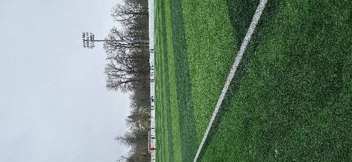 The image depicts a winter scene on a football pitch in Pavlovsk, Russia. In the foreground, a green artificial turf football field is visible, marked with alternating dark and light green stripes. A white diagonal line traverses the lower left quadrant of the frame. In the midground, approximately 15-20 individuals, mostly wearing blue athletic attire with a few in red and white, are scattered across the far end of the pitch. A white football goal structure is positioned on the left side of the field. Beyond the artificial turf, the ground is covered with a layer of snow. The background consists of a dense line of bare, deciduous trees, indicative of cold weather conditions. A tall metal floodlight tower, equipped with multiple luminaires, stands prominently on the right side, extending above the treeline. The sky above is uniformly overcast and light grey. No discernible active play or interaction is evident among the individuals; they appear to be in a static or preparatory state.