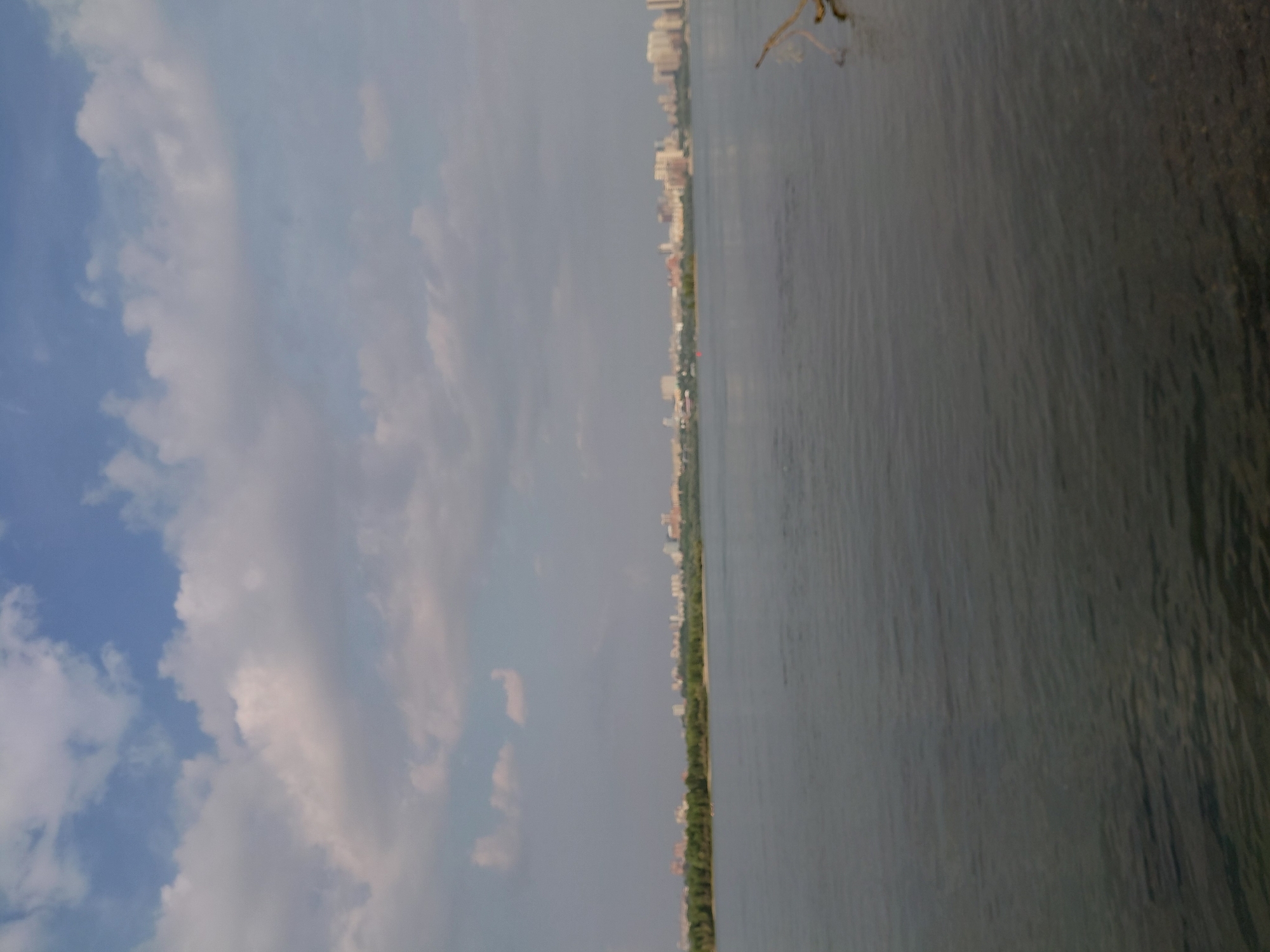 The image shows a wide river flowing with a distant cityscape on the horizon, indicative of Novosibirsk, Russia. The sky is partly cloudy with white and gray clouds against a pale blue background. A line of trees borders the river on the far bank, behind which are buildings of various heights and colors, suggesting an urban area. The water surface is dark and slightly rippled, with some lighter areas suggesting shallow depths or reflections. In the foreground on the right side of the image, a few branches of a tree or driftwood are partially submerged in the water. There are no people or animals visible in the frame.